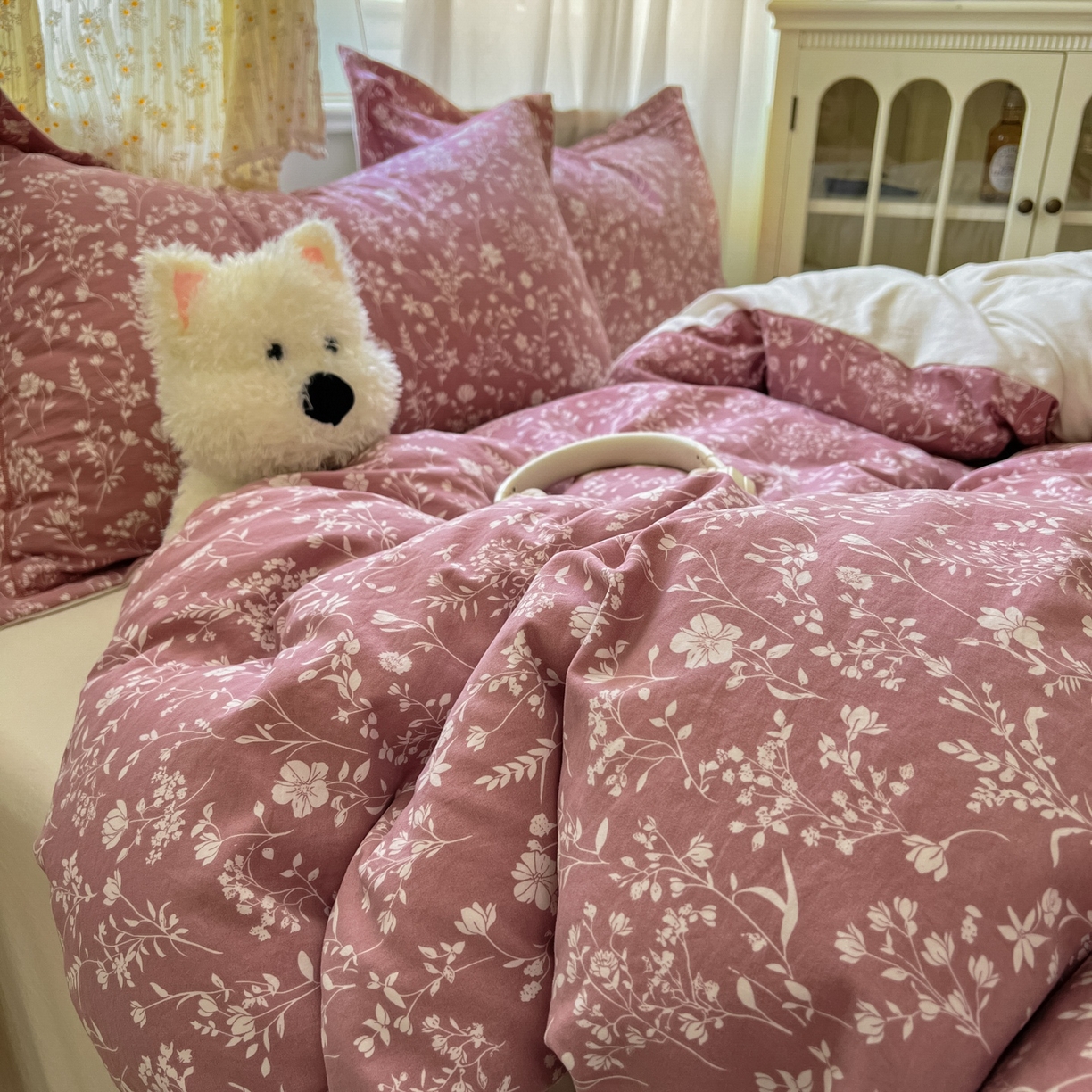 91家纺网 家纺一手货源 找家纺 亨通家纺 2025新款爆款韩国小布袋古法水洗棉云感棉四件套【提供买家秀】 花叶影-豆沙