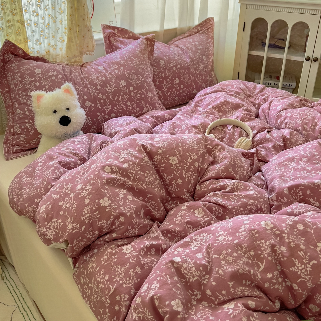 91家纺网 家纺一手货源 找家纺 亨通家纺 2025新款爆款韩国小布袋古法水洗棉云感棉四件套【提供买家秀】 花叶影-豆沙