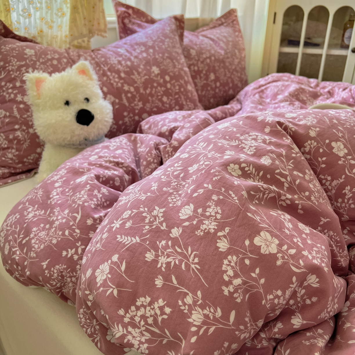 91家纺网 家纺一手货源 找家纺 亨通家纺 2025新款爆款韩国小布袋古法水洗棉云感棉四件套【提供买家秀】 花叶影-豆沙