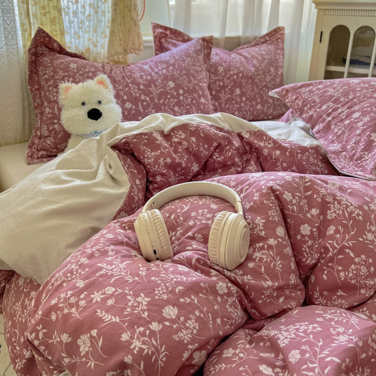 91家纺网 家纺一手货源 找家纺 亨通家纺 2025新款爆款韩国小布袋古法水洗棉云感棉四件套【提供买家秀】 花叶影-豆沙