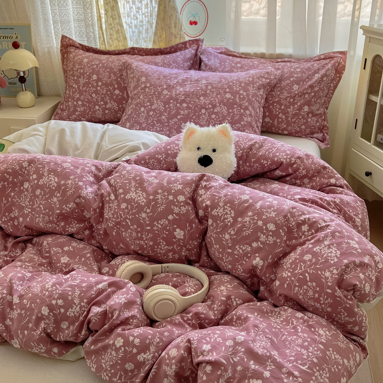 91家纺网 家纺一手货源 找家纺 亨通家纺 2025新款爆款韩国小布袋古法水洗棉云感棉四件套【提供买家秀】 花叶影-豆沙