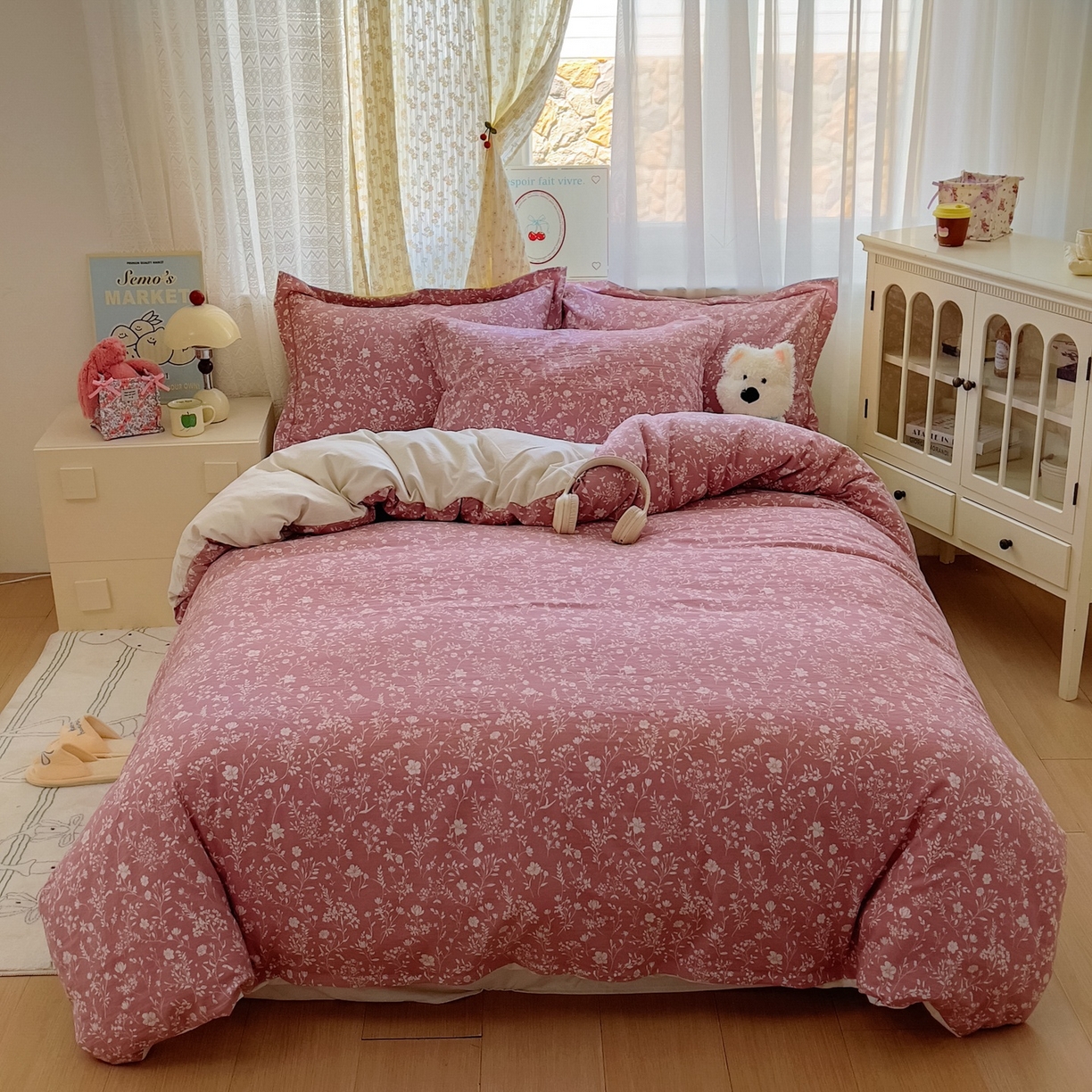 91家纺网 家纺一手货源 找家纺 亨通家纺 2025新款爆款韩国小布袋古法水洗棉云感棉四件套【提供买家秀】 花叶影-豆沙