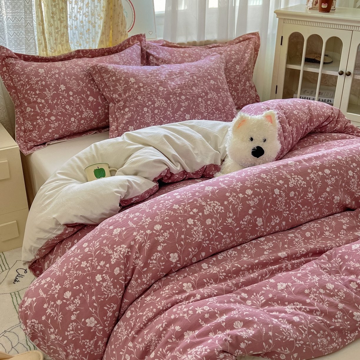 91家纺网 家纺一手货源 找家纺 亨通家纺 2025新款爆款韩国小布袋古法水洗棉云感棉四件套【提供买家秀】 花叶影-豆沙