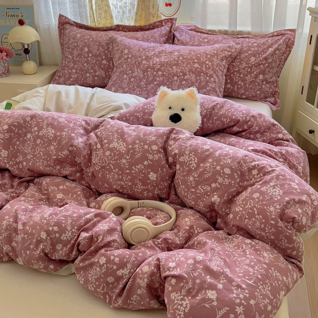 91家纺网 家纺一手货源 找家纺 亨通家纺 2025新款爆款韩国小布袋古法水洗棉云感棉四件套【提供买家秀】 花叶影-豆沙