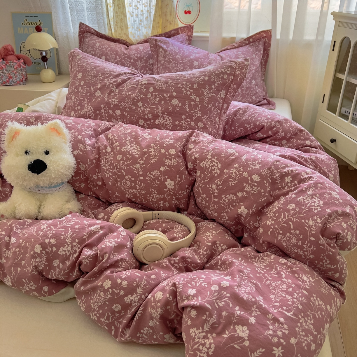 91家纺网 家纺一手货源 找家纺 亨通家纺 2025新款爆款韩国小布袋古法水洗棉云感棉四件套【提供买家秀】 花叶影-豆沙