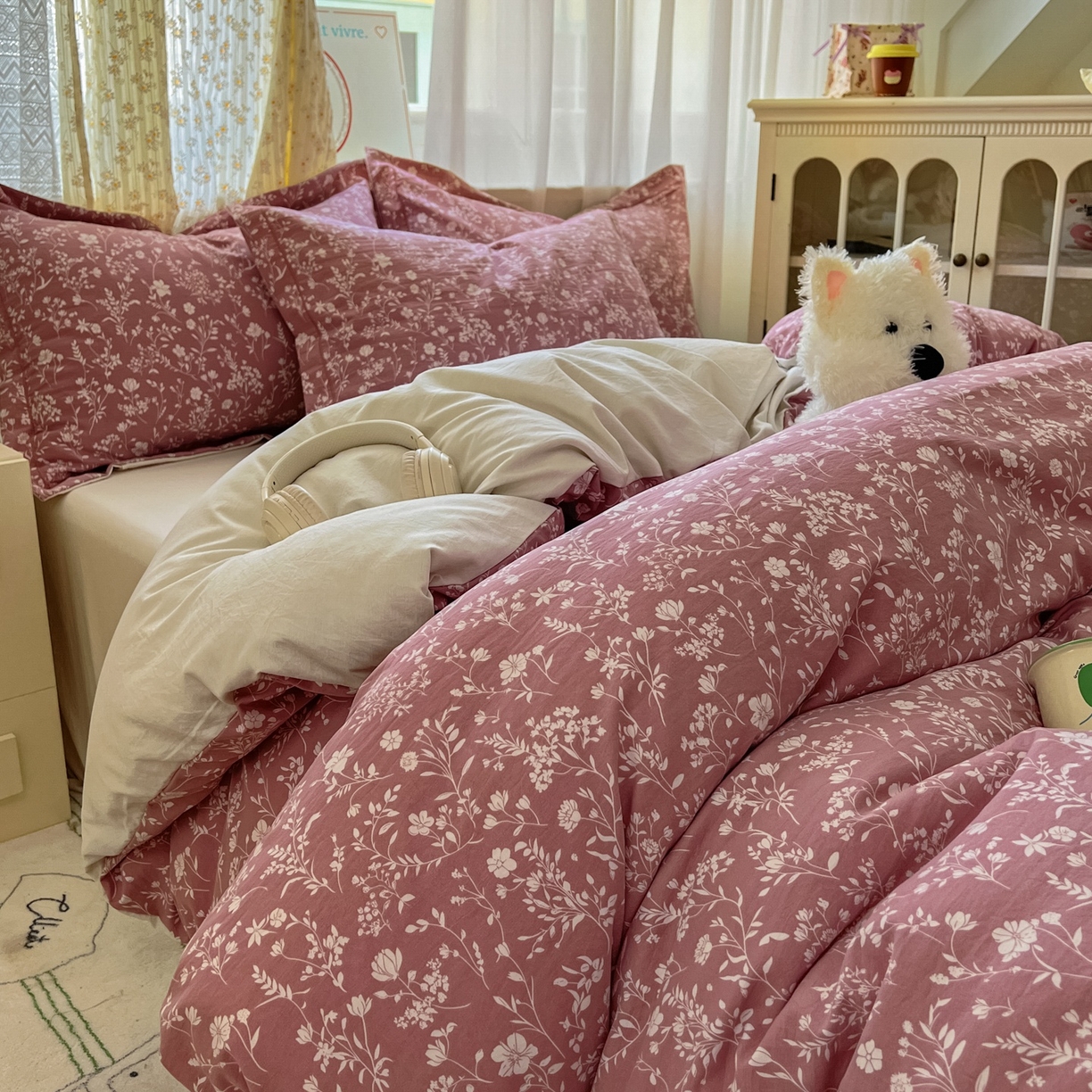 91家纺网 家纺一手货源 找家纺 亨通家纺 2025新款爆款韩国小布袋古法水洗棉云感棉四件套【提供买家秀】 花叶影-豆沙