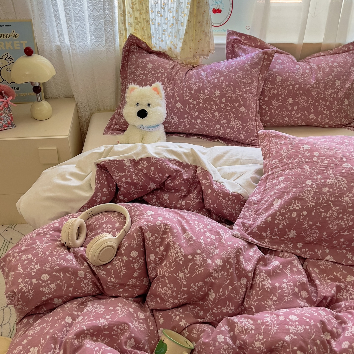 91家纺网 家纺一手货源 找家纺 亨通家纺 2025新款爆款韩国小布袋古法水洗棉云感棉四件套【提供买家秀】 花叶影-豆沙