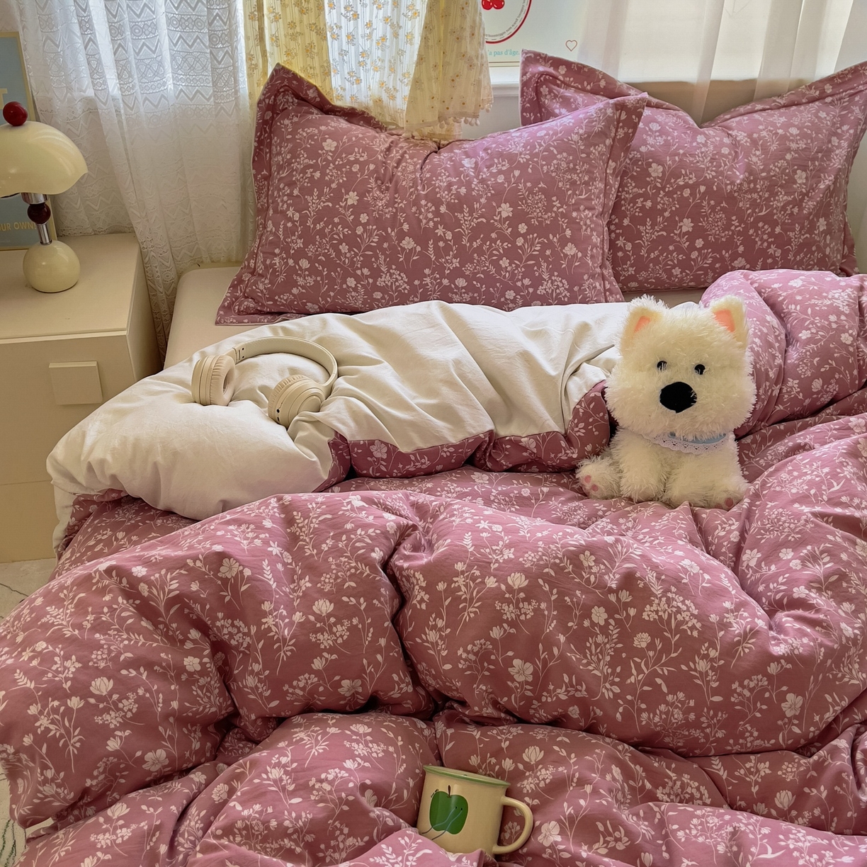 91家纺网 家纺一手货源 找家纺 亨通家纺 2025新款爆款韩国小布袋古法水洗棉云感棉四件套【提供买家秀】 花叶影-豆沙