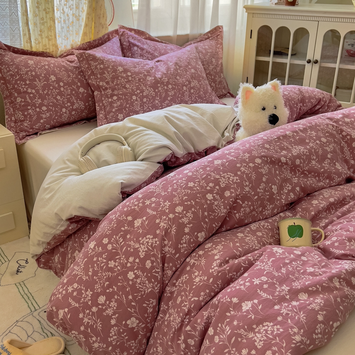 91家纺网 家纺一手货源 找家纺 亨通家纺 2025新款爆款韩国小布袋古法水洗棉云感棉四件套【提供买家秀】 花叶影-豆沙