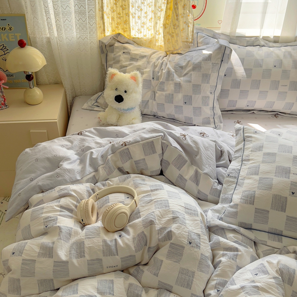 91家纺网 家纺一手货源 找家纺 亨通家纺 2025新款爆款韩国小布袋古法水洗棉云感棉四件套【提供买家秀】 绘画方格