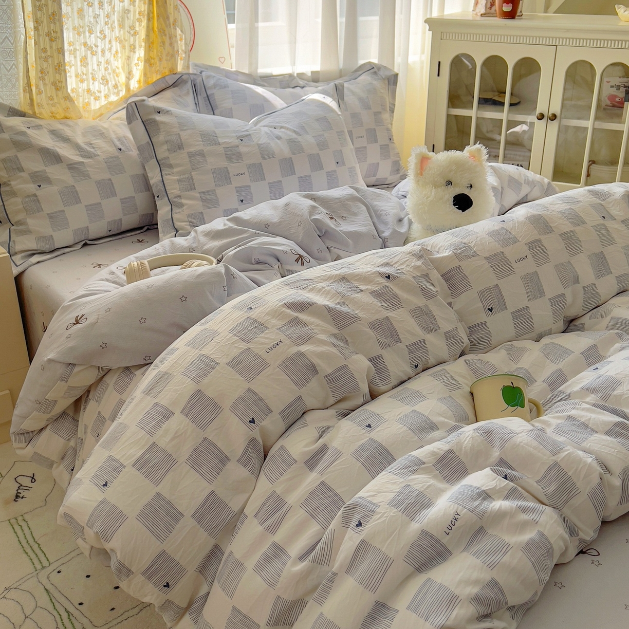 91家纺网 家纺一手货源 找家纺 亨通家纺 2025新款爆款韩国小布袋古法水洗棉云感棉四件套【提供买家秀】 绘画方格