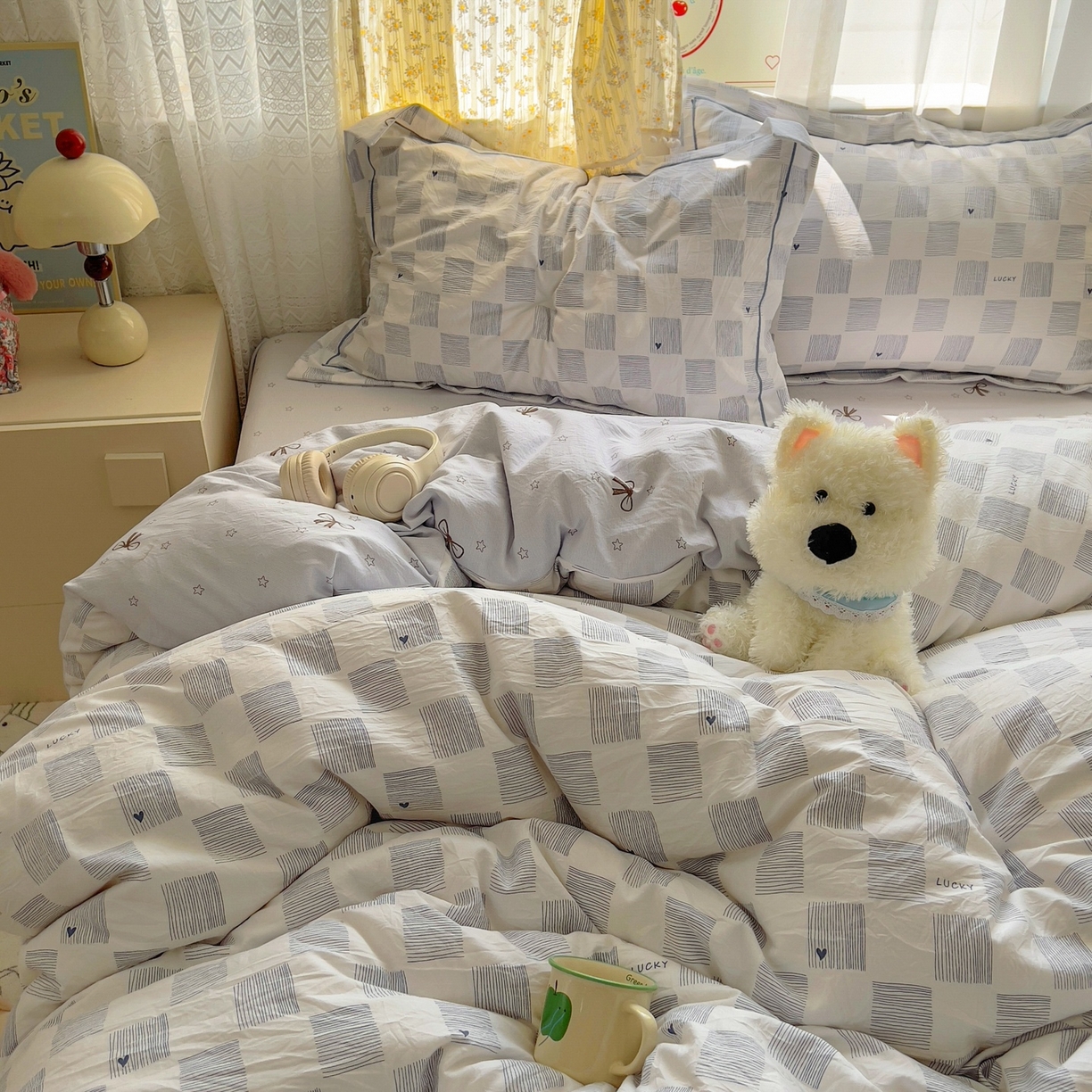 91家纺网 家纺一手货源 找家纺 亨通家纺 2025新款爆款韩国小布袋古法水洗棉云感棉四件套【提供买家秀】 绘画方格