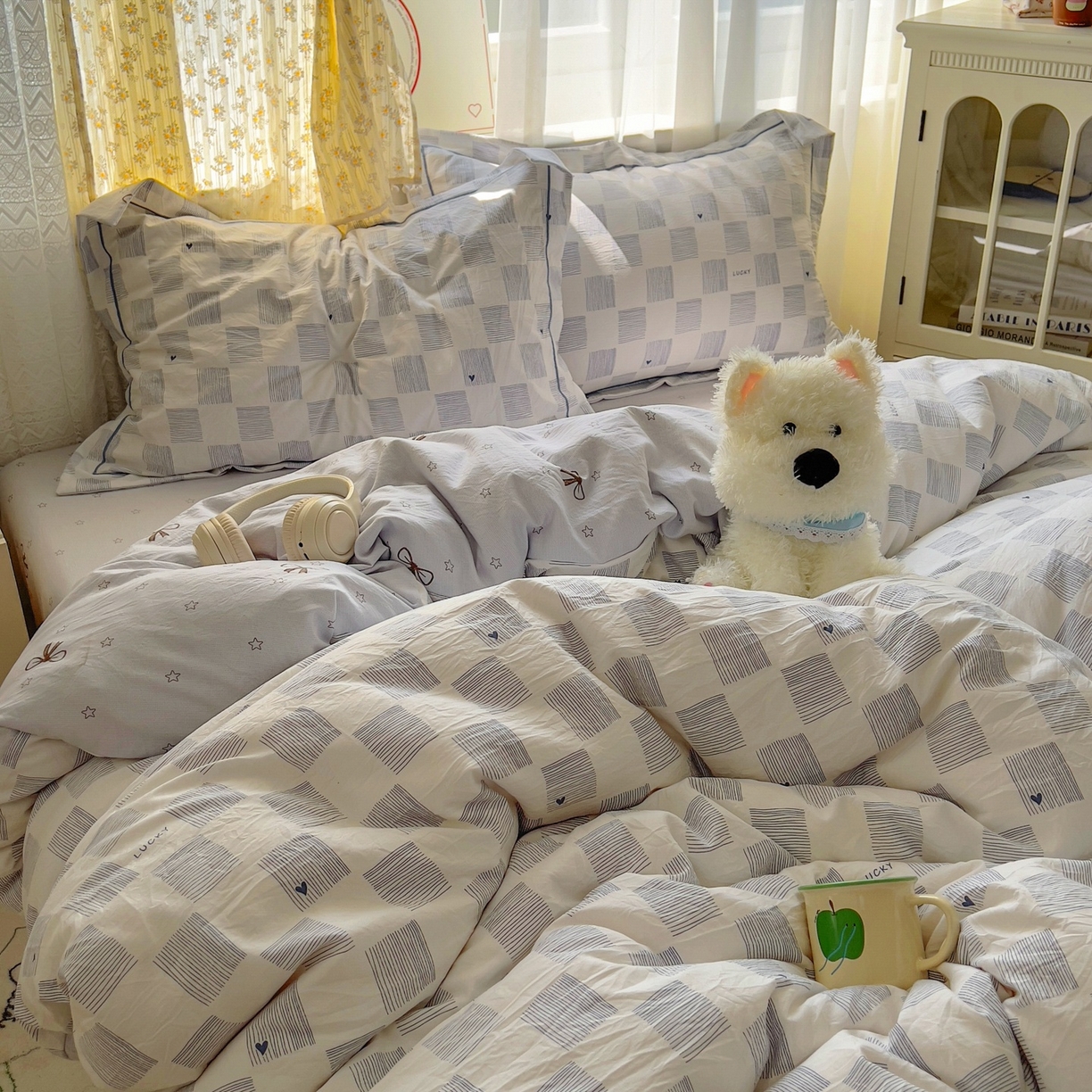 91家纺网 家纺一手货源 找家纺 亨通家纺 2025新款爆款韩国小布袋古法水洗棉云感棉四件套【提供买家秀】 绘画方格