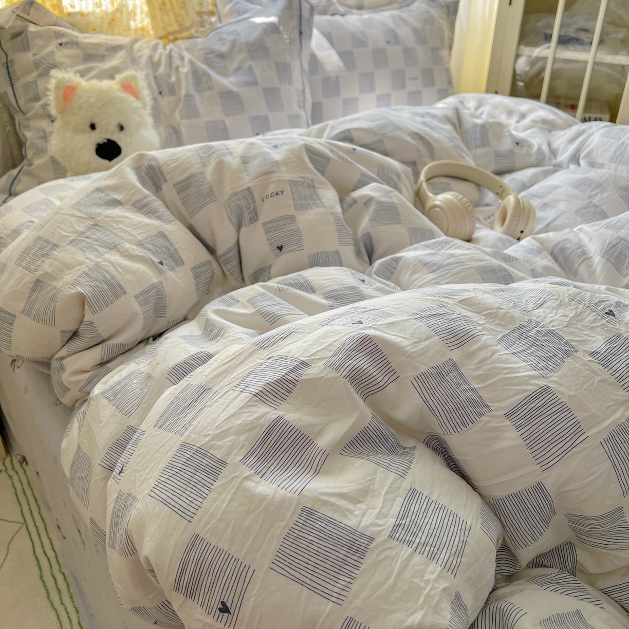 91家纺网 家纺一手货源 找家纺 亨通家纺 2025新款爆款韩国小布袋古法水洗棉云感棉四件套【提供买家秀】 绘画方格