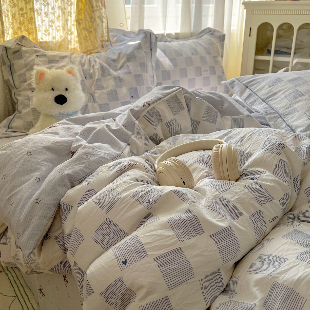 91家纺网 家纺一手货源 找家纺 亨通家纺 2025新款爆款韩国小布袋古法水洗棉云感棉四件套【提供买家秀】 绘画方格