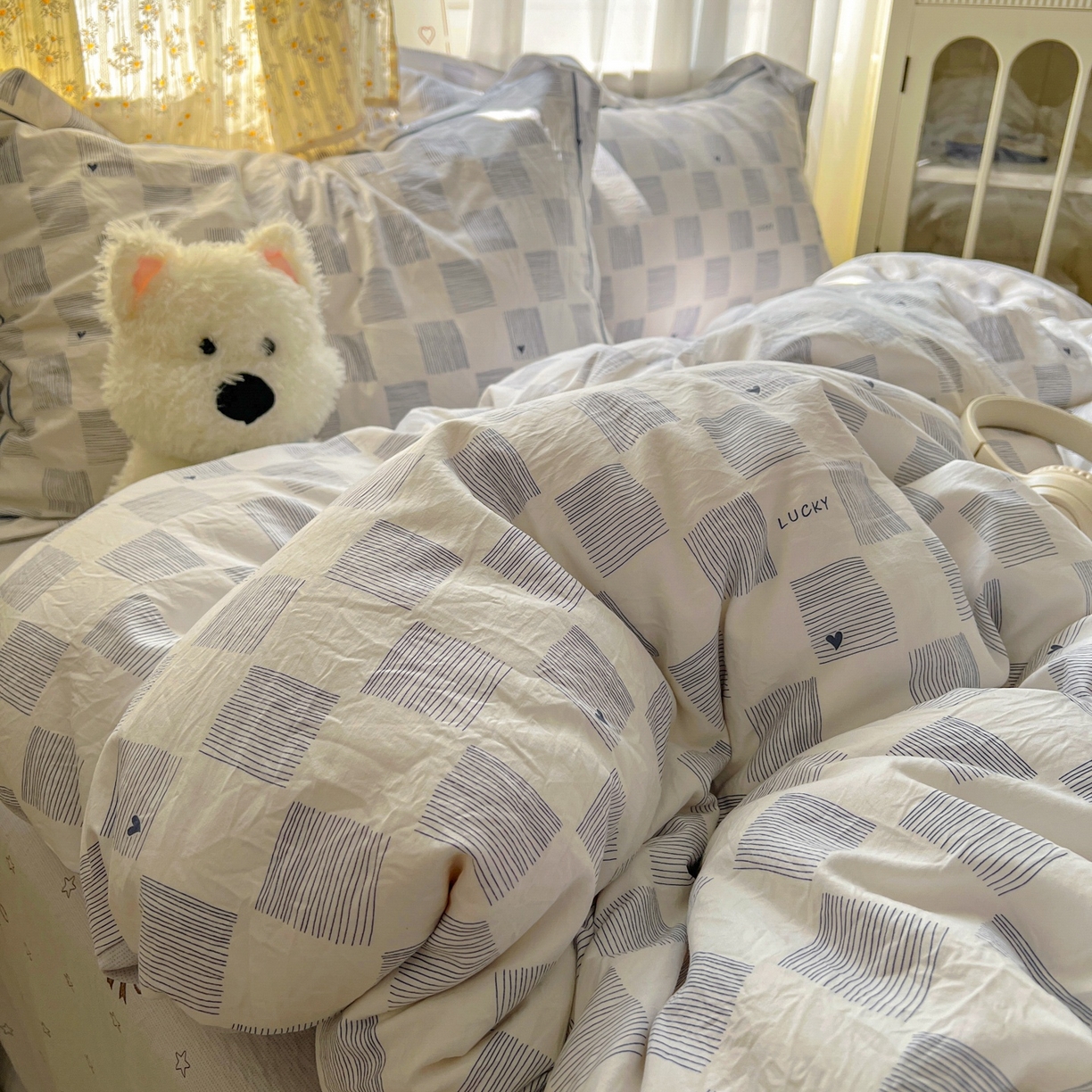 91家纺网 家纺一手货源 找家纺 亨通家纺 2025新款爆款韩国小布袋古法水洗棉云感棉四件套【提供买家秀】 绘画方格