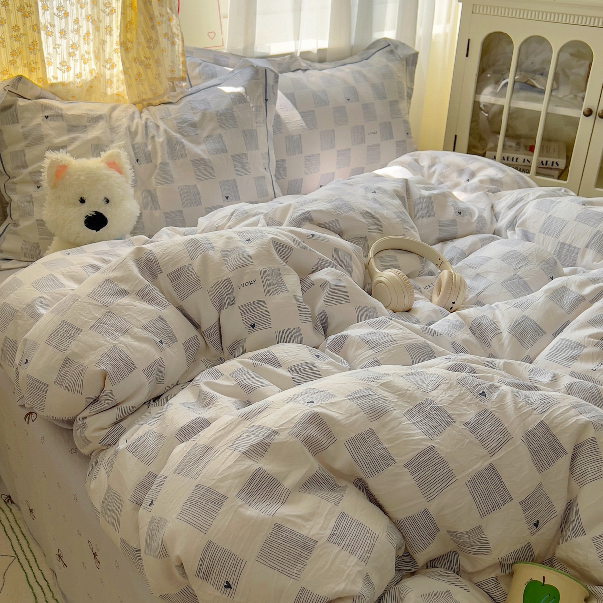 91家纺网 家纺一手货源 找家纺 亨通家纺 2025新款爆款韩国小布袋古法水洗棉云感棉四件套【提供买家秀】 绘画方格