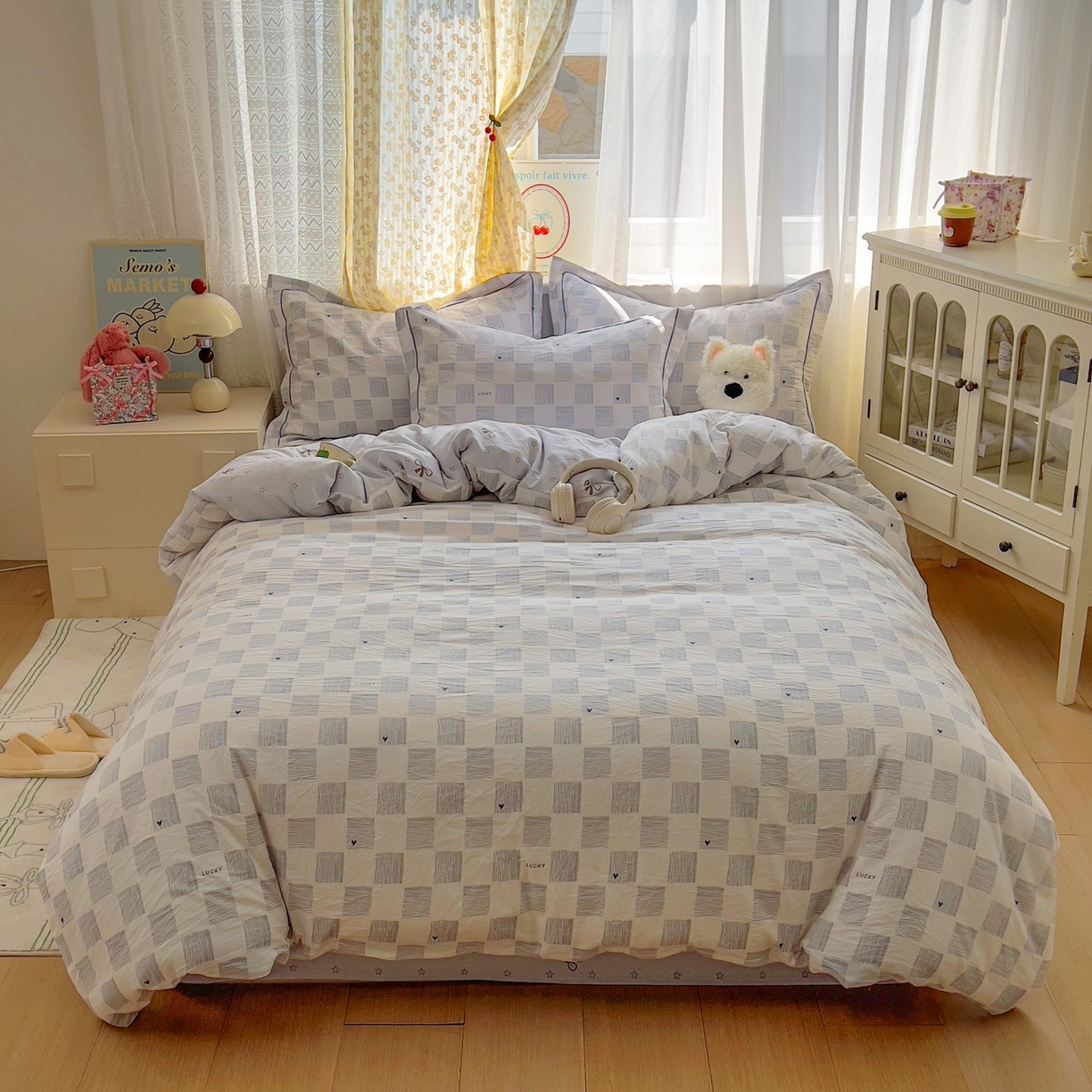 91家纺网 家纺一手货源 找家纺 亨通家纺 2025新款爆款韩国小布袋古法水洗棉云感棉四件套【提供买家秀】 绘画方格