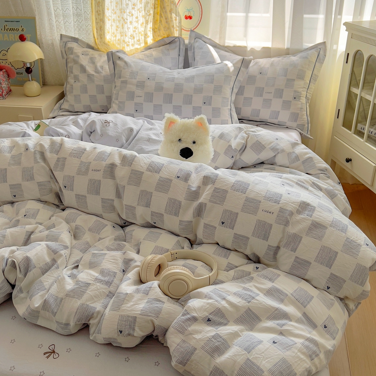 91家纺网 家纺一手货源 找家纺 亨通家纺 2025新款爆款韩国小布袋古法水洗棉云感棉四件套【提供买家秀】 绘画方格