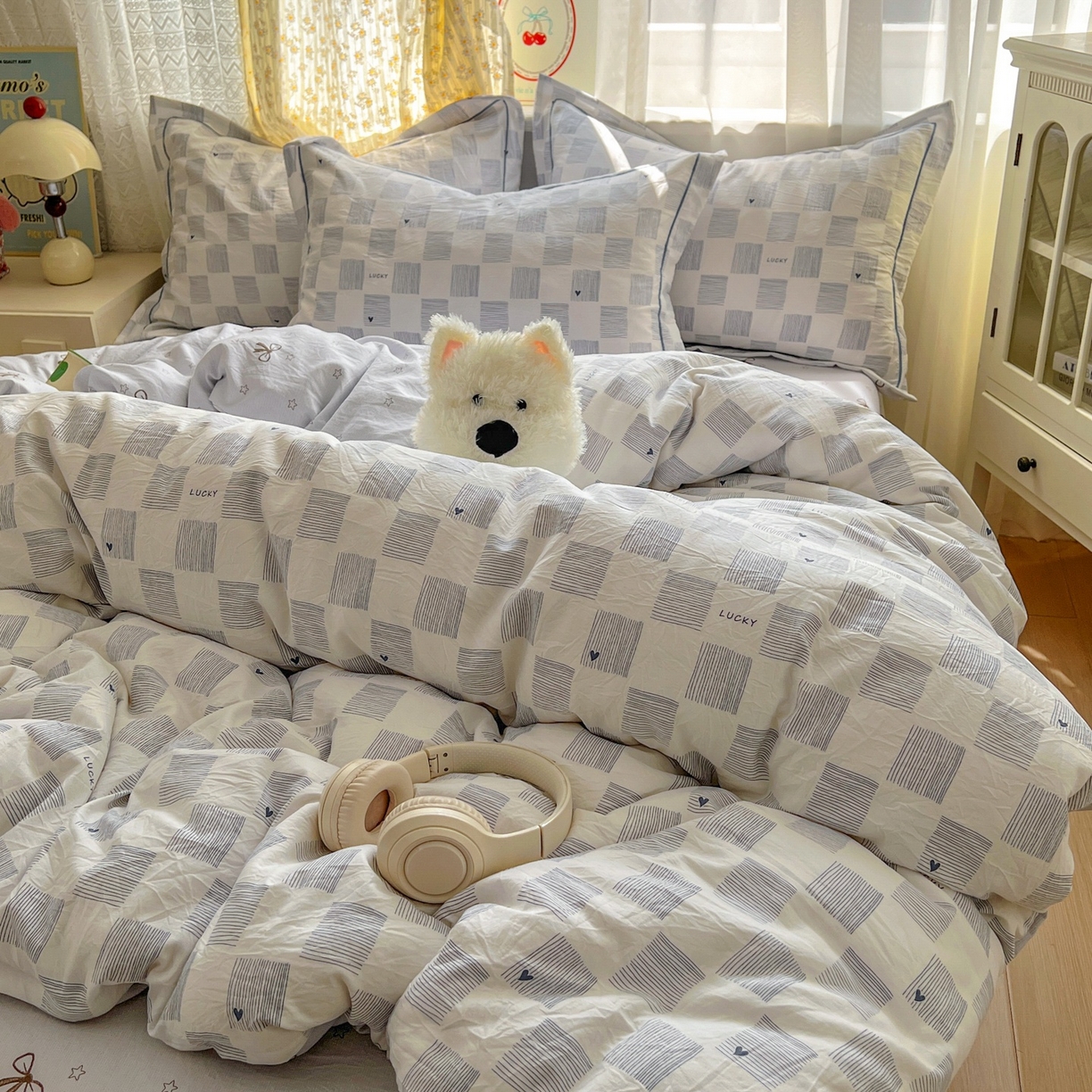 91家纺网 家纺一手货源 找家纺 亨通家纺 2025新款爆款韩国小布袋古法水洗棉云感棉四件套【提供买家秀】 绘画方格