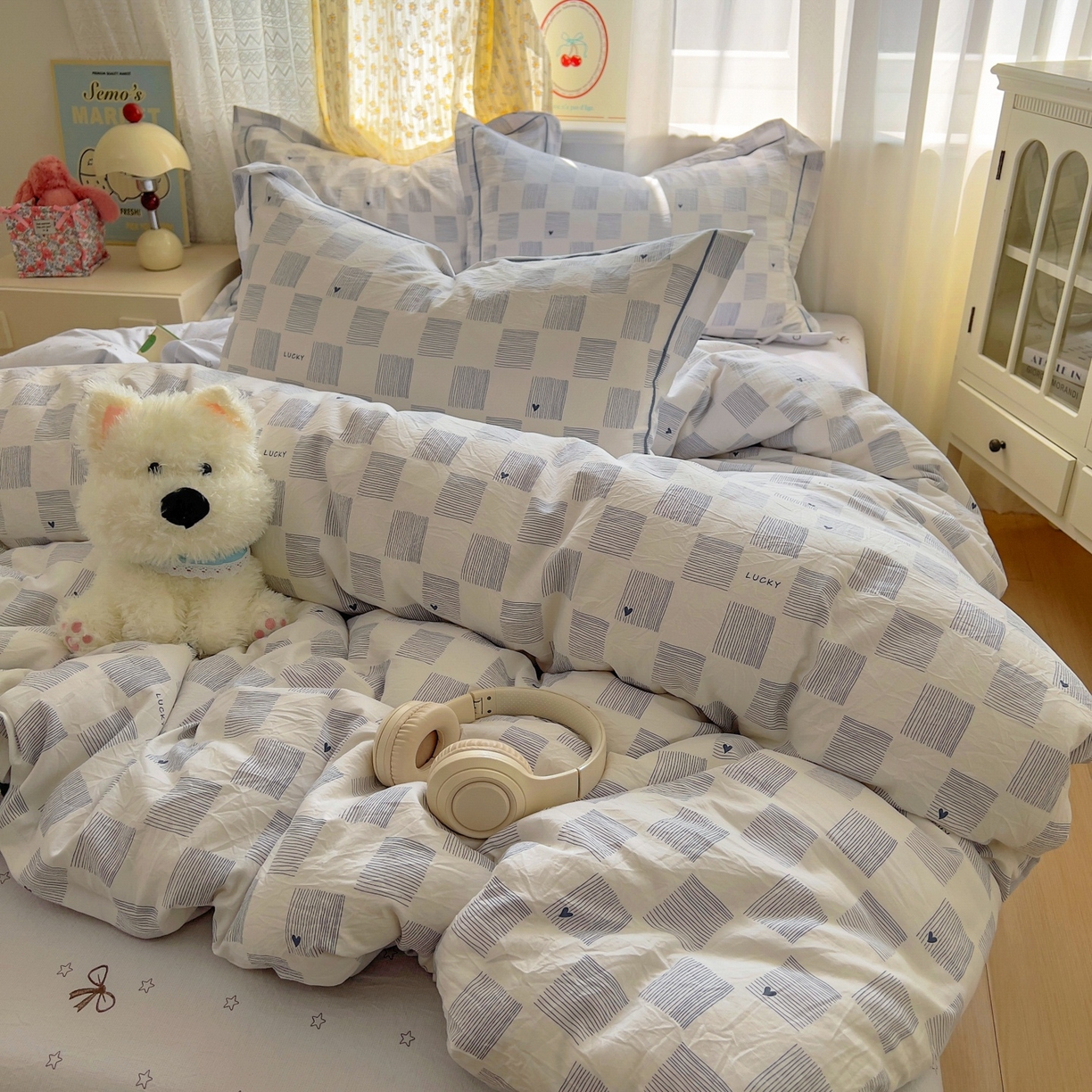 91家纺网 家纺一手货源 找家纺 亨通家纺 2025新款爆款韩国小布袋古法水洗棉云感棉四件套【提供买家秀】 绘画方格