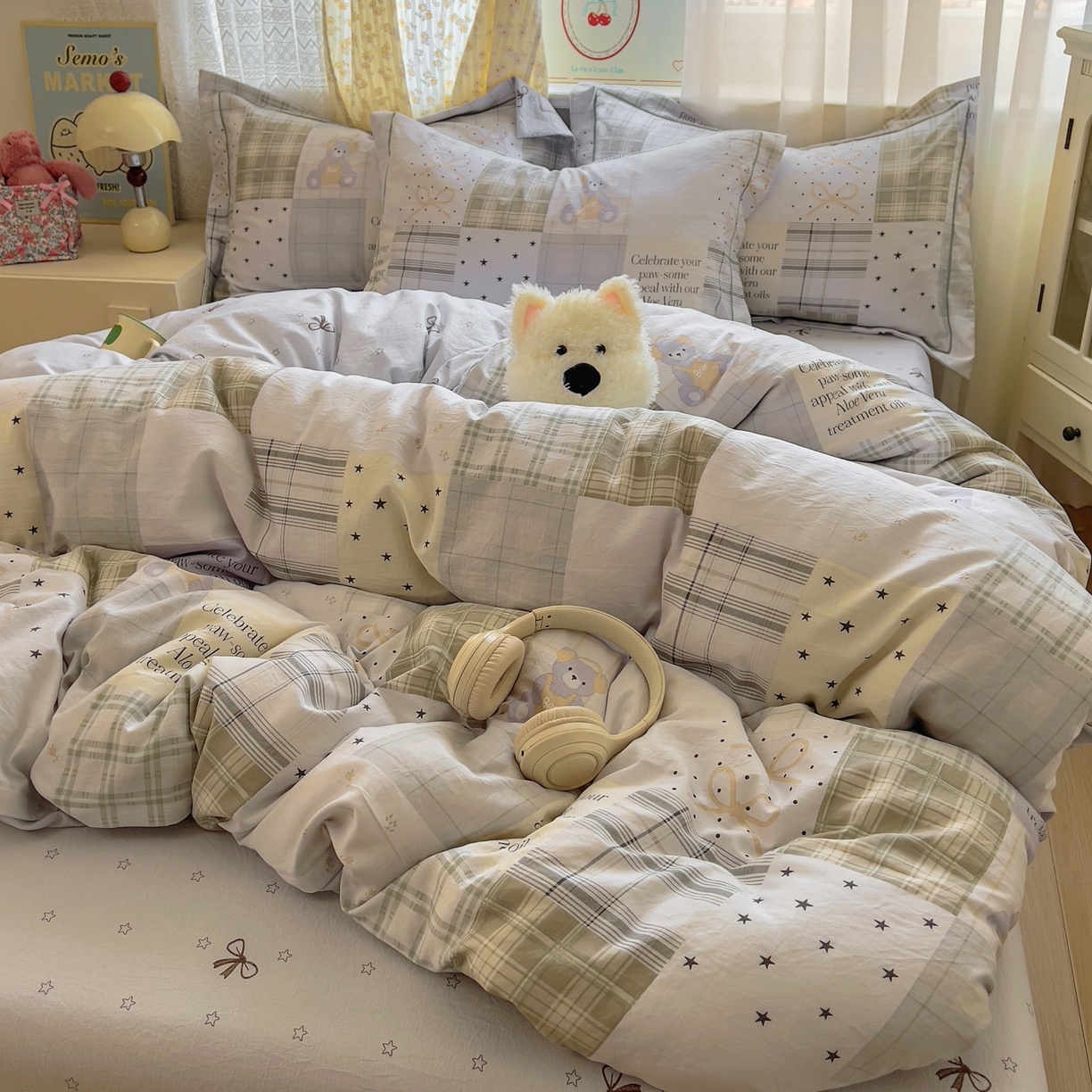 91家纺网 家纺一手货源 找家纺 亨通家纺 2025新款爆款韩国小布袋古法水洗棉云感棉四件套【提供买家秀】 卡布奇诺-灰