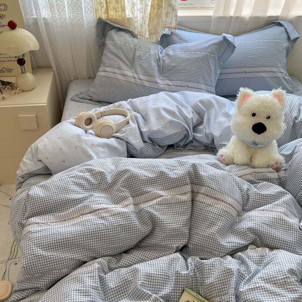 91家纺网 家纺一手货源 找家纺 亨通家纺 2025新款爆款韩国小布袋古法水洗棉云感棉四件套【提供买家秀】 乐可-蓝