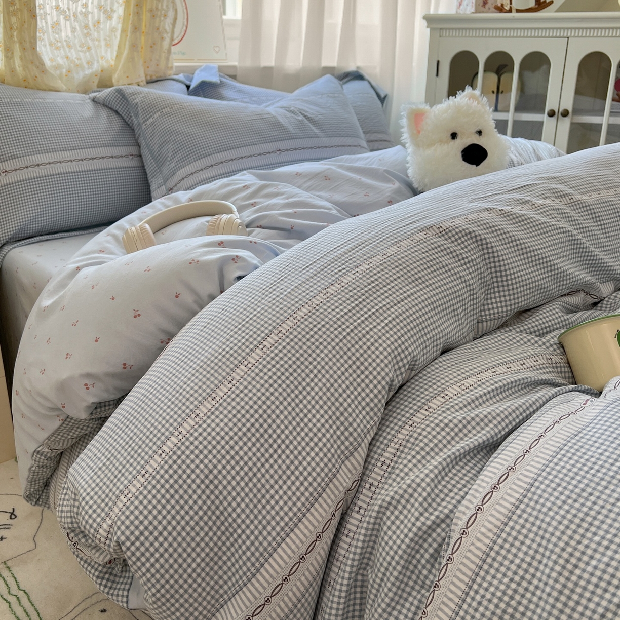 91家纺网 家纺一手货源 找家纺 亨通家纺 2025新款爆款韩国小布袋古法水洗棉云感棉四件套【提供买家秀】 乐可-蓝