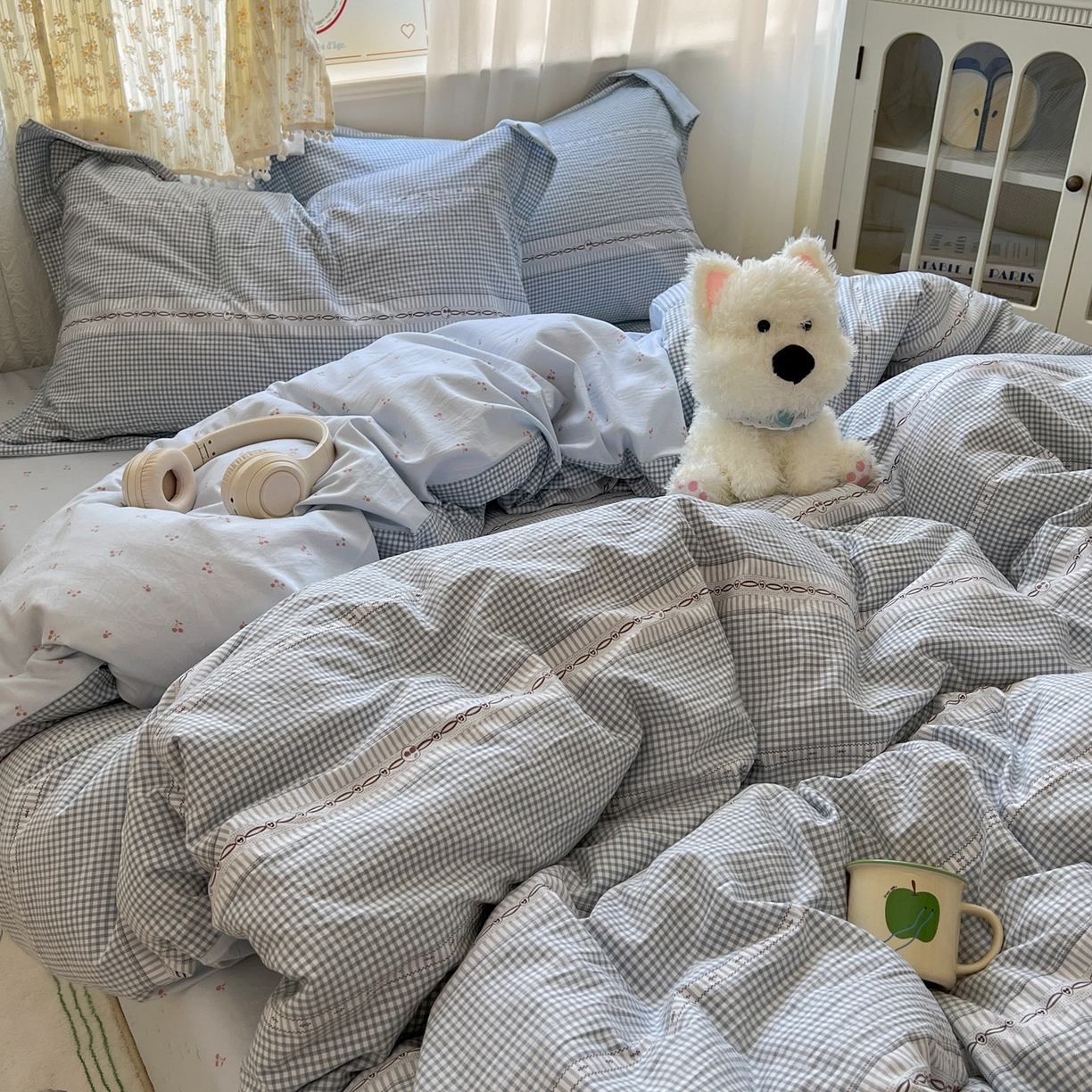 91家纺网 家纺一手货源 找家纺 亨通家纺 2025新款爆款韩国小布袋古法水洗棉云感棉四件套【提供买家秀】 乐可-蓝