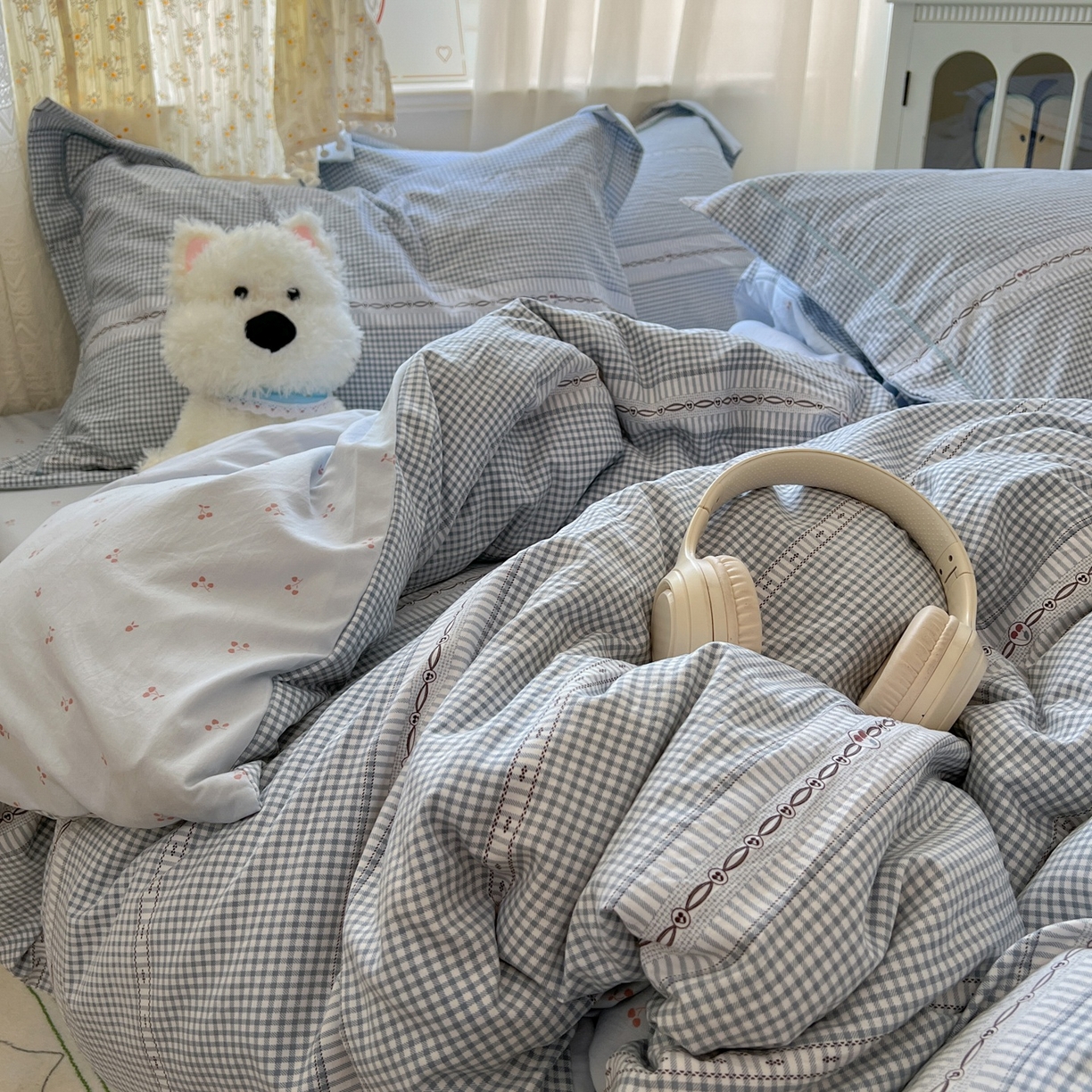 91家纺网 家纺一手货源 找家纺 亨通家纺 2025新款爆款韩国小布袋古法水洗棉云感棉四件套【提供买家秀】 乐可-蓝