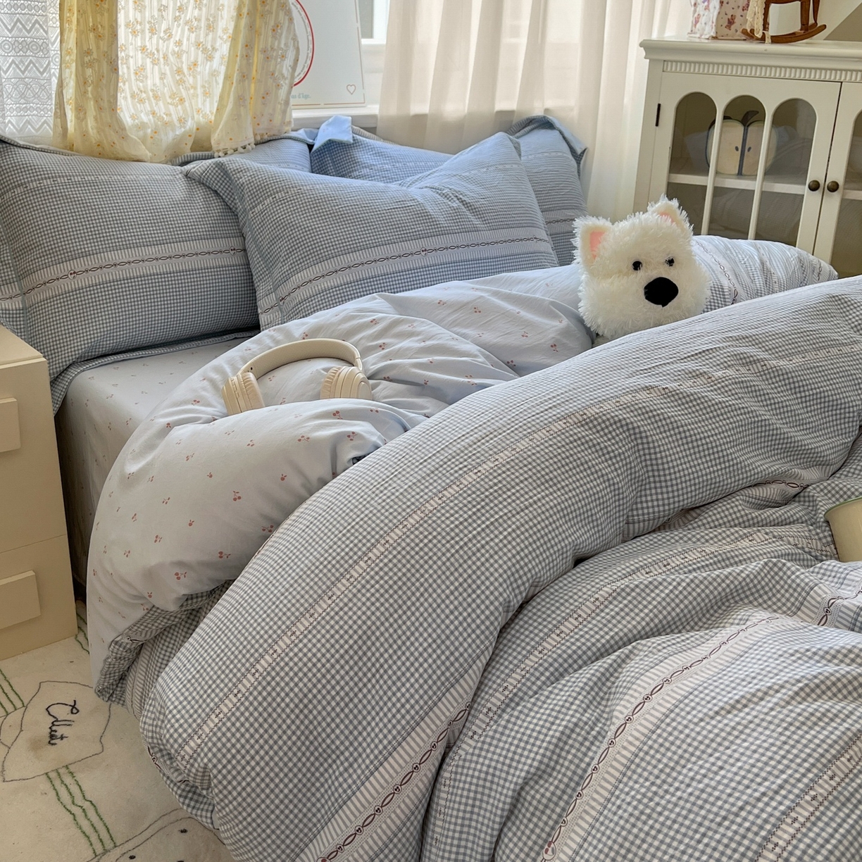 91家纺网 家纺一手货源 找家纺 亨通家纺 2025新款爆款韩国小布袋古法水洗棉云感棉四件套【提供买家秀】 乐可-蓝