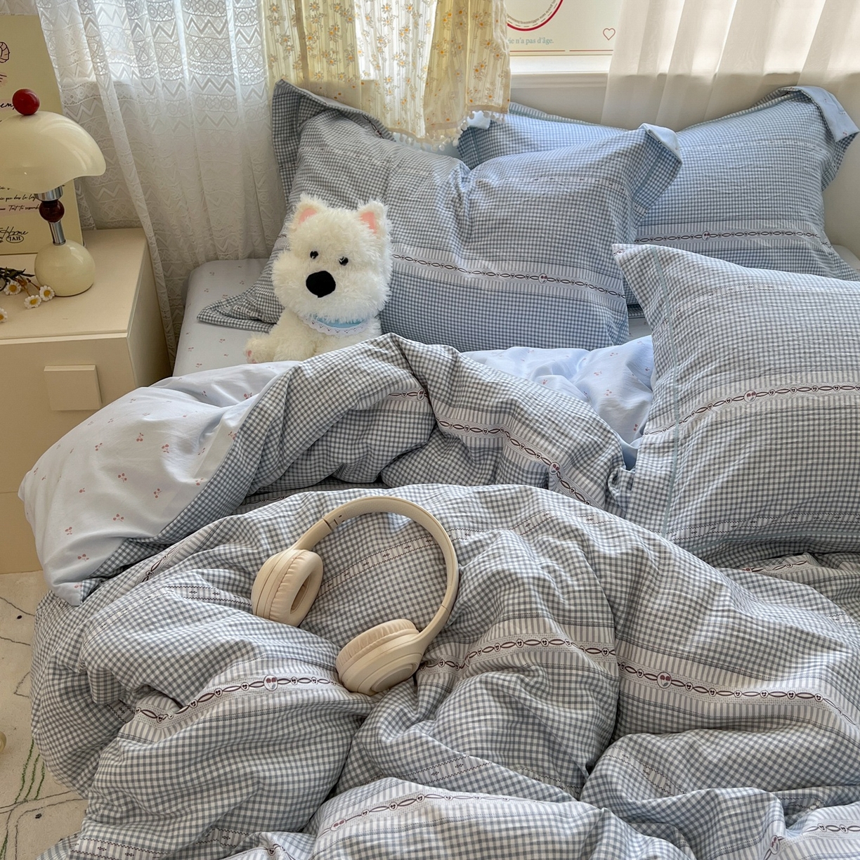 91家纺网 家纺一手货源 找家纺 亨通家纺 2025新款爆款韩国小布袋古法水洗棉云感棉四件套【提供买家秀】 乐可-蓝