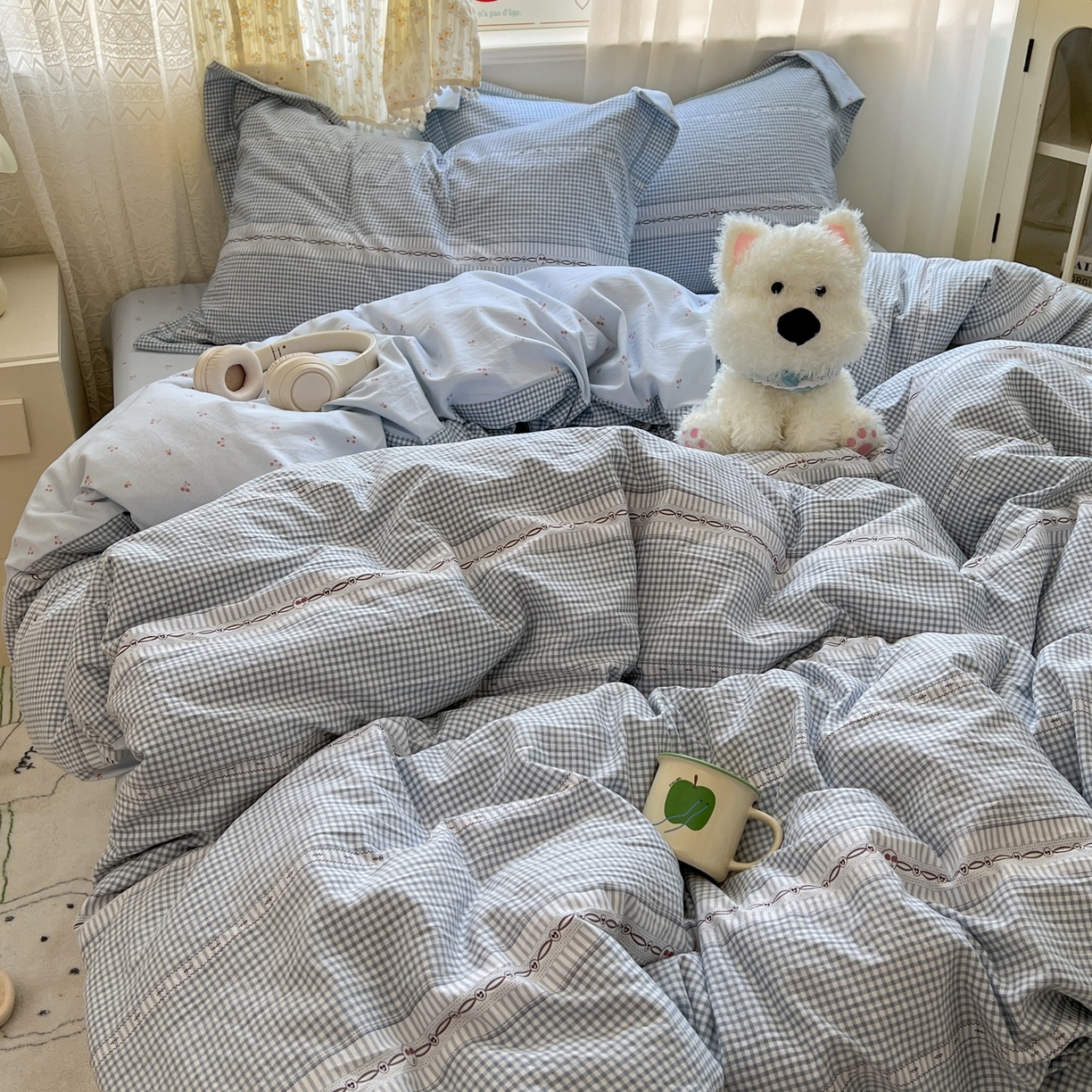 91家纺网 家纺一手货源 找家纺 亨通家纺 2025新款爆款韩国小布袋古法水洗棉云感棉四件套【提供买家秀】 乐可-蓝