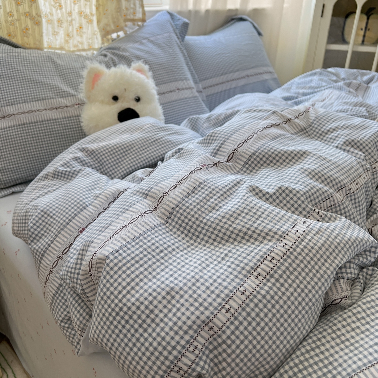 91家纺网 家纺一手货源 找家纺 亨通家纺 2025新款爆款韩国小布袋古法水洗棉云感棉四件套【提供买家秀】 乐可-蓝