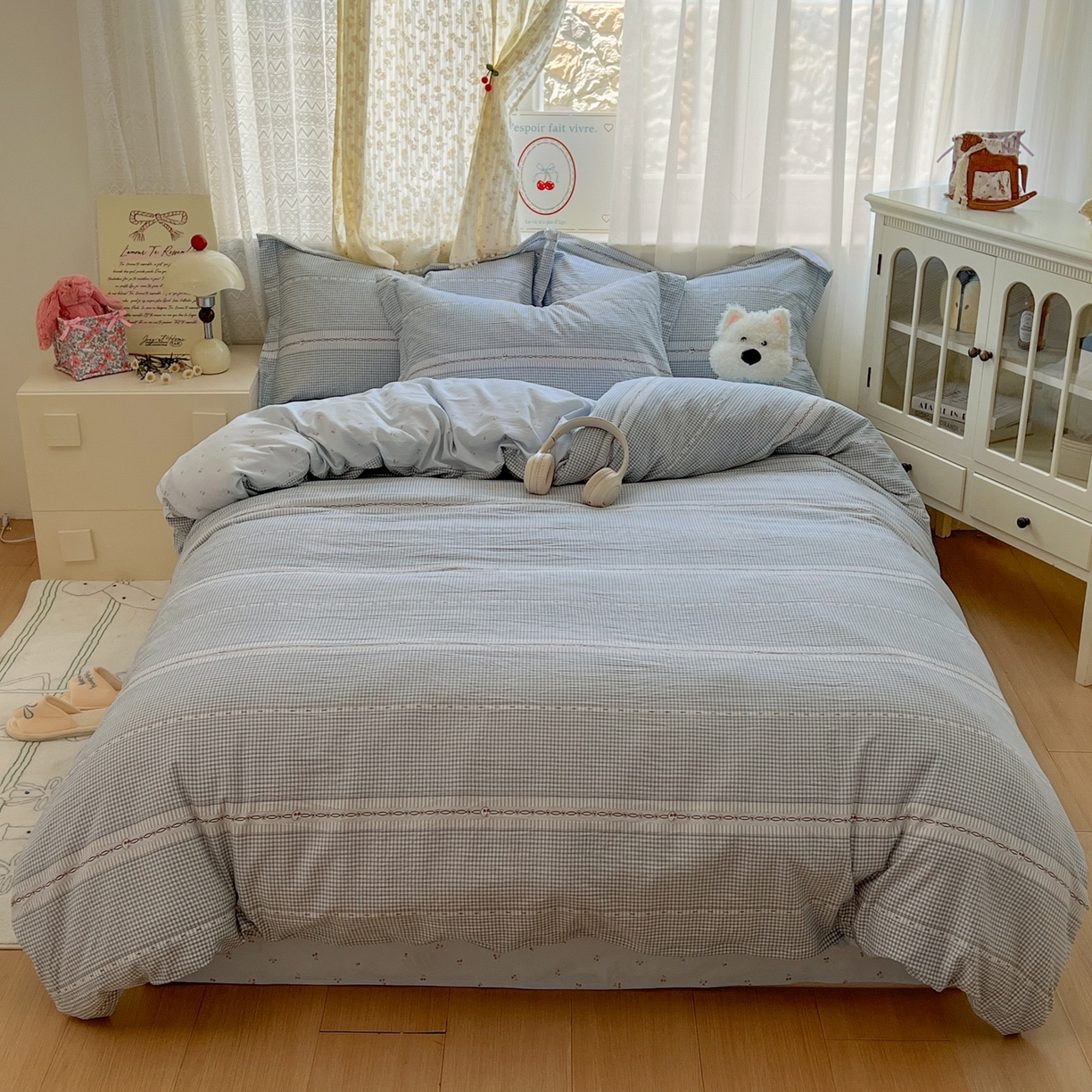 91家纺网 家纺一手货源 找家纺 亨通家纺 2025新款爆款韩国小布袋古法水洗棉云感棉四件套【提供买家秀】 乐可-蓝