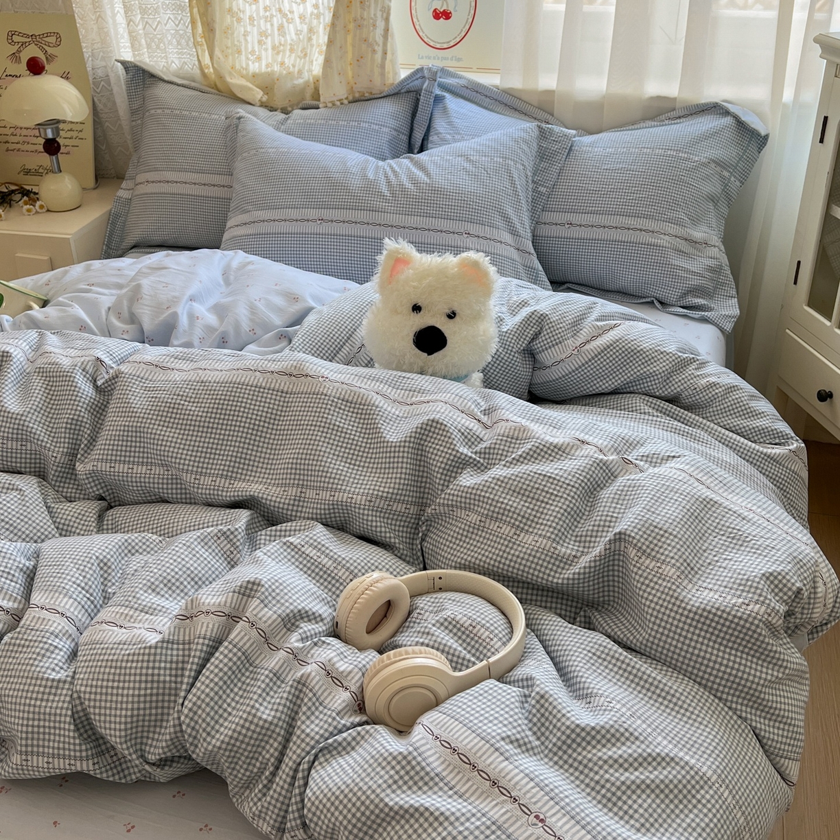 91家纺网 家纺一手货源 找家纺 亨通家纺 2025新款爆款韩国小布袋古法水洗棉云感棉四件套【提供买家秀】 乐可-蓝