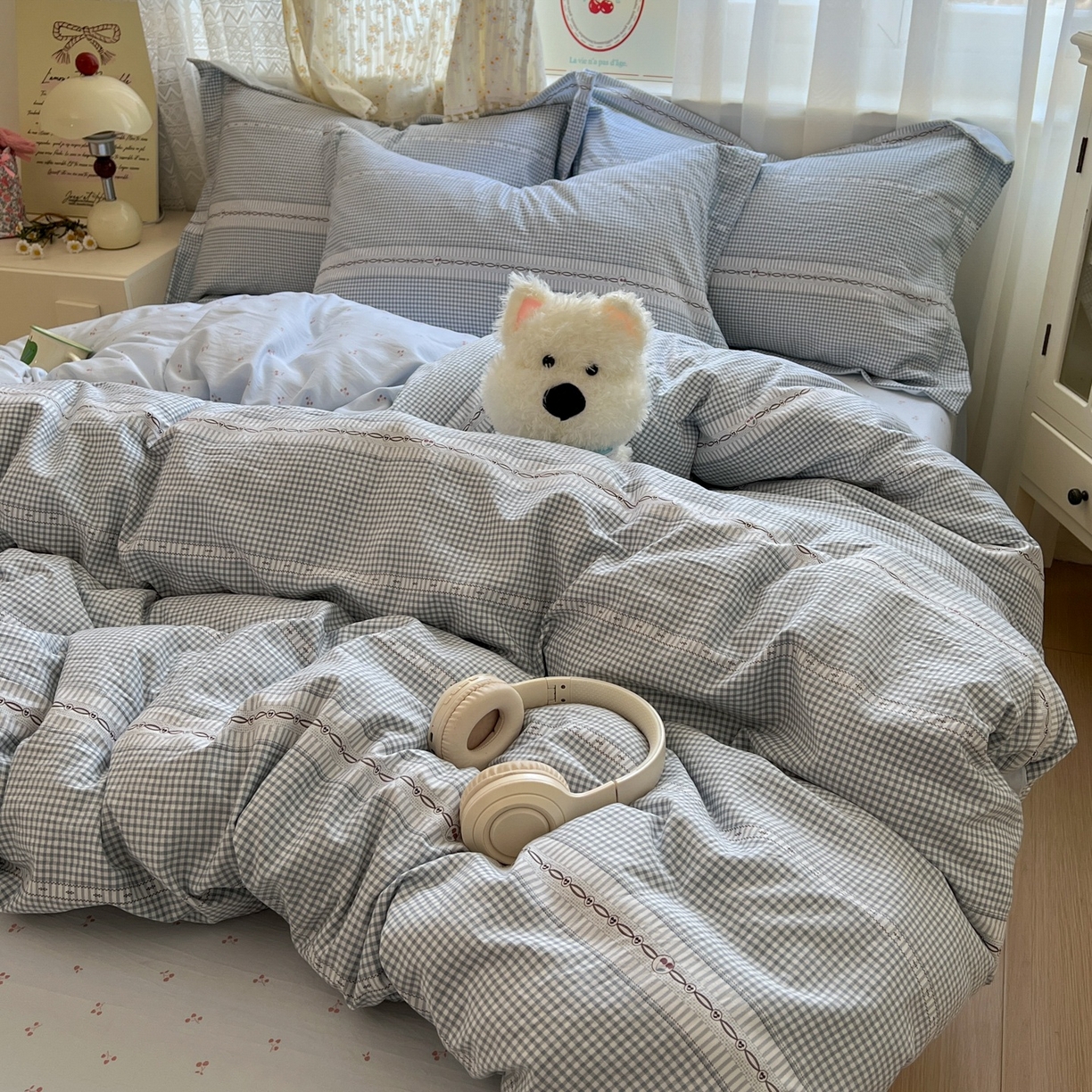 91家纺网 家纺一手货源 找家纺 亨通家纺 2025新款爆款韩国小布袋古法水洗棉云感棉四件套【提供买家秀】 乐可-蓝