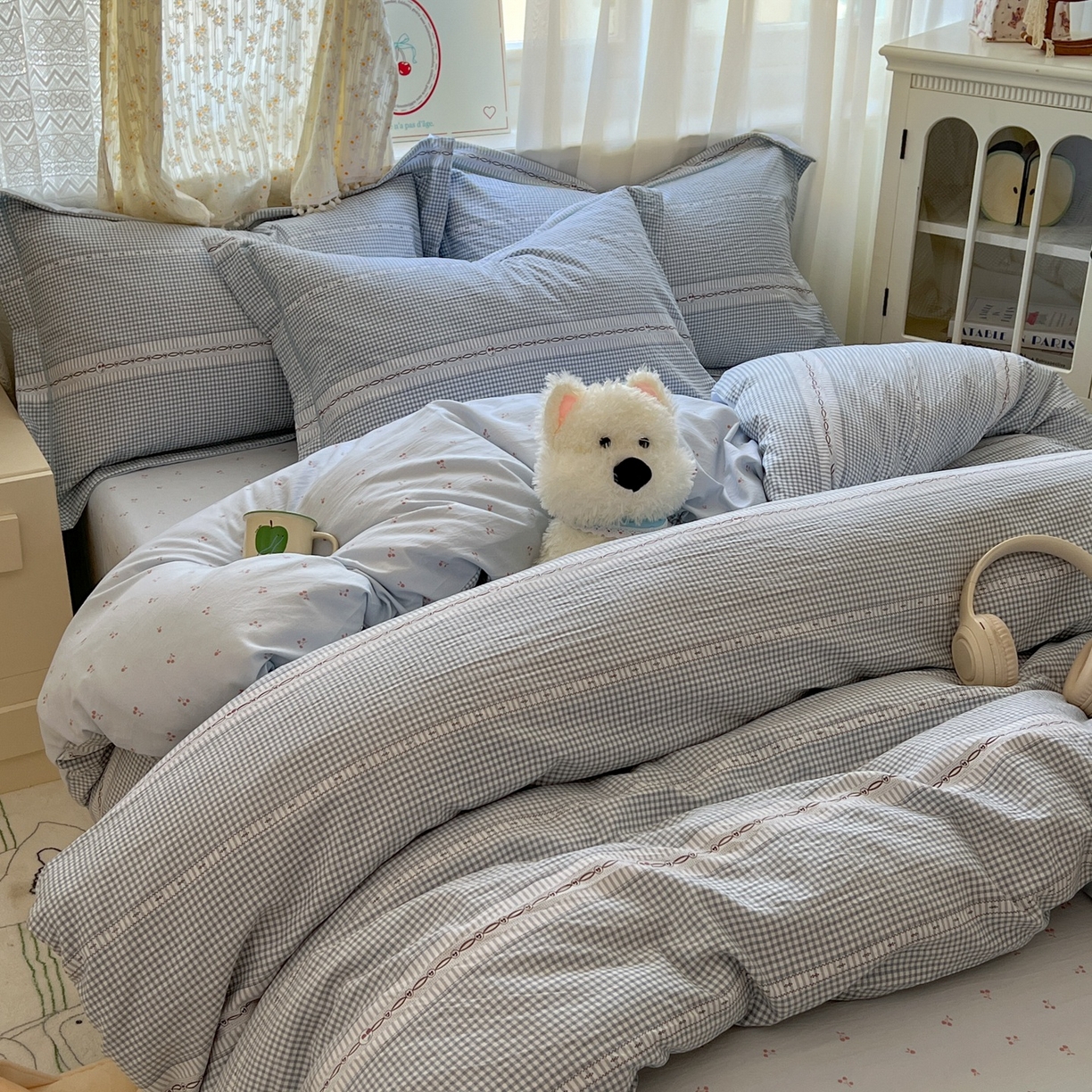 91家纺网 家纺一手货源 找家纺 亨通家纺 2025新款爆款韩国小布袋古法水洗棉云感棉四件套【提供买家秀】 乐可-蓝