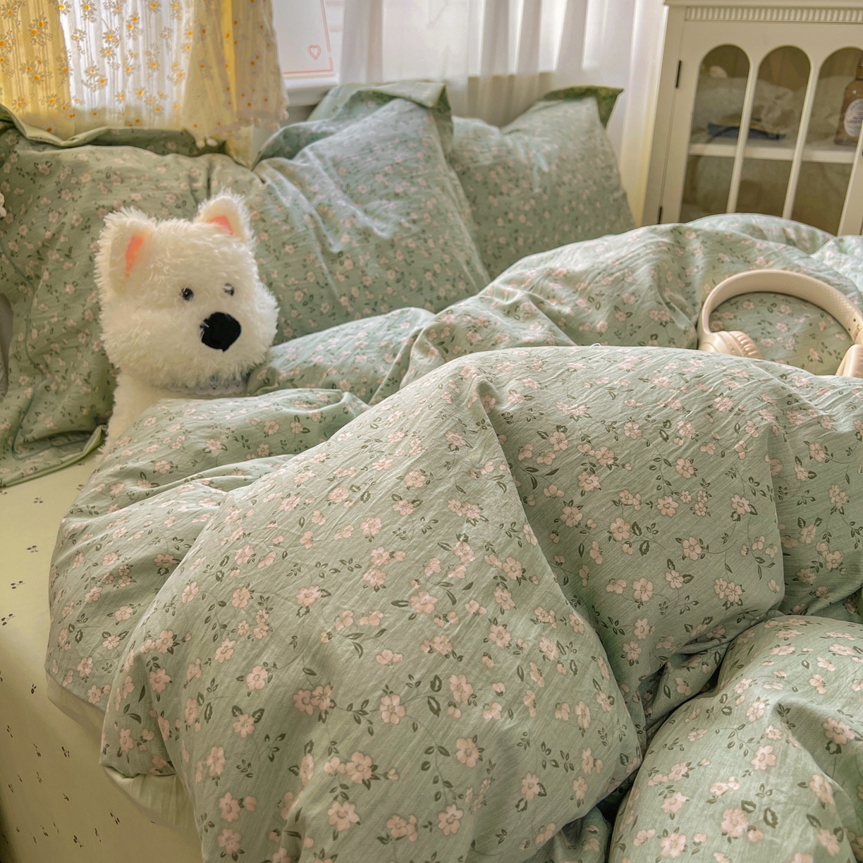 91家纺网 家纺一手货源 找家纺 亨通家纺 2025新款爆款韩国小布袋古法水洗棉云感棉四件套【提供买家秀】 陌上芳菲