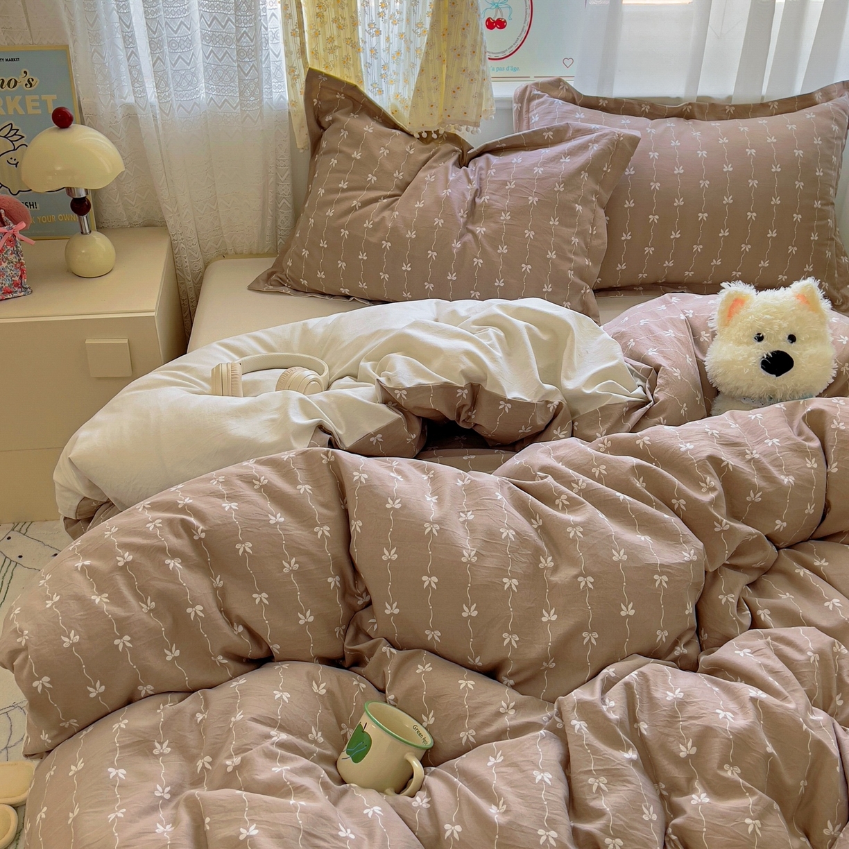 91家纺网 家纺一手货源 找家纺 亨通家纺 2025新款爆款韩国小布袋古法水洗棉云感棉四件套【提供买家秀】 情意结-咖