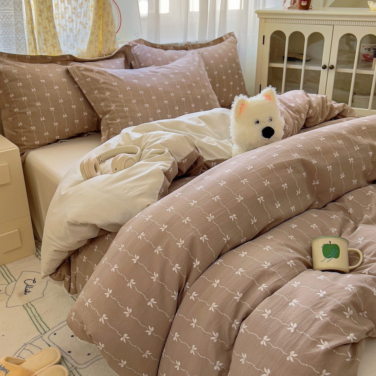 91家纺网 家纺一手货源 找家纺 亨通家纺 2025新款爆款韩国小布袋古法水洗棉云感棉四件套【提供买家秀】 情意结-咖