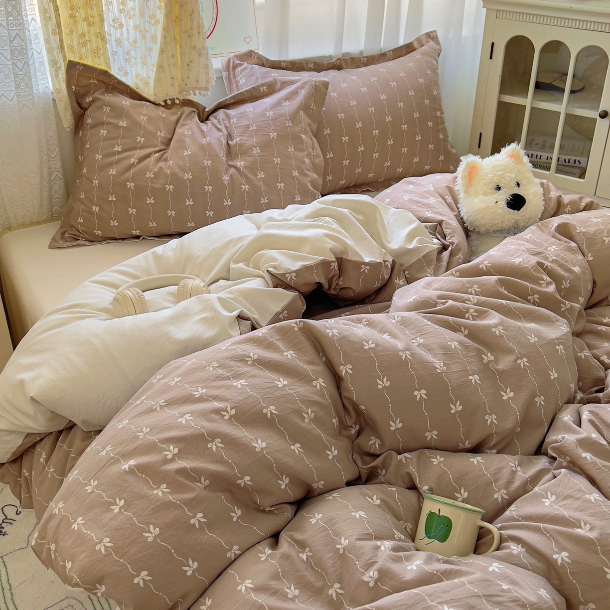 91家纺网 家纺一手货源 找家纺 亨通家纺 2025新款爆款韩国小布袋古法水洗棉云感棉四件套【提供买家秀】 情意结-咖