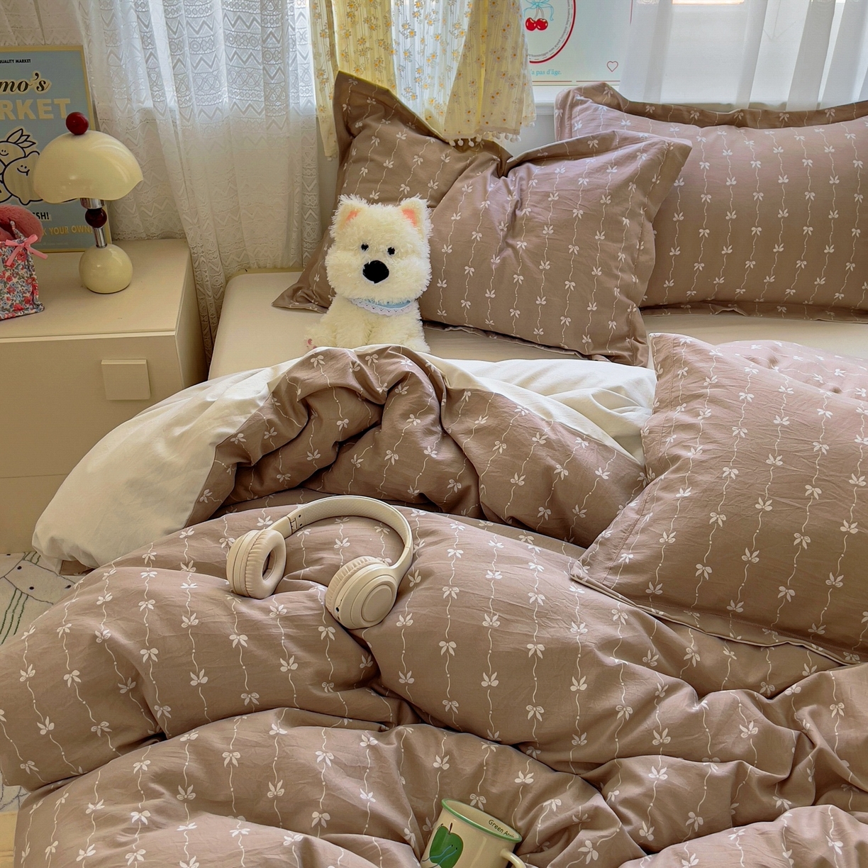 91家纺网 家纺一手货源 找家纺 亨通家纺 2025新款爆款韩国小布袋古法水洗棉云感棉四件套【提供买家秀】 情意结-咖