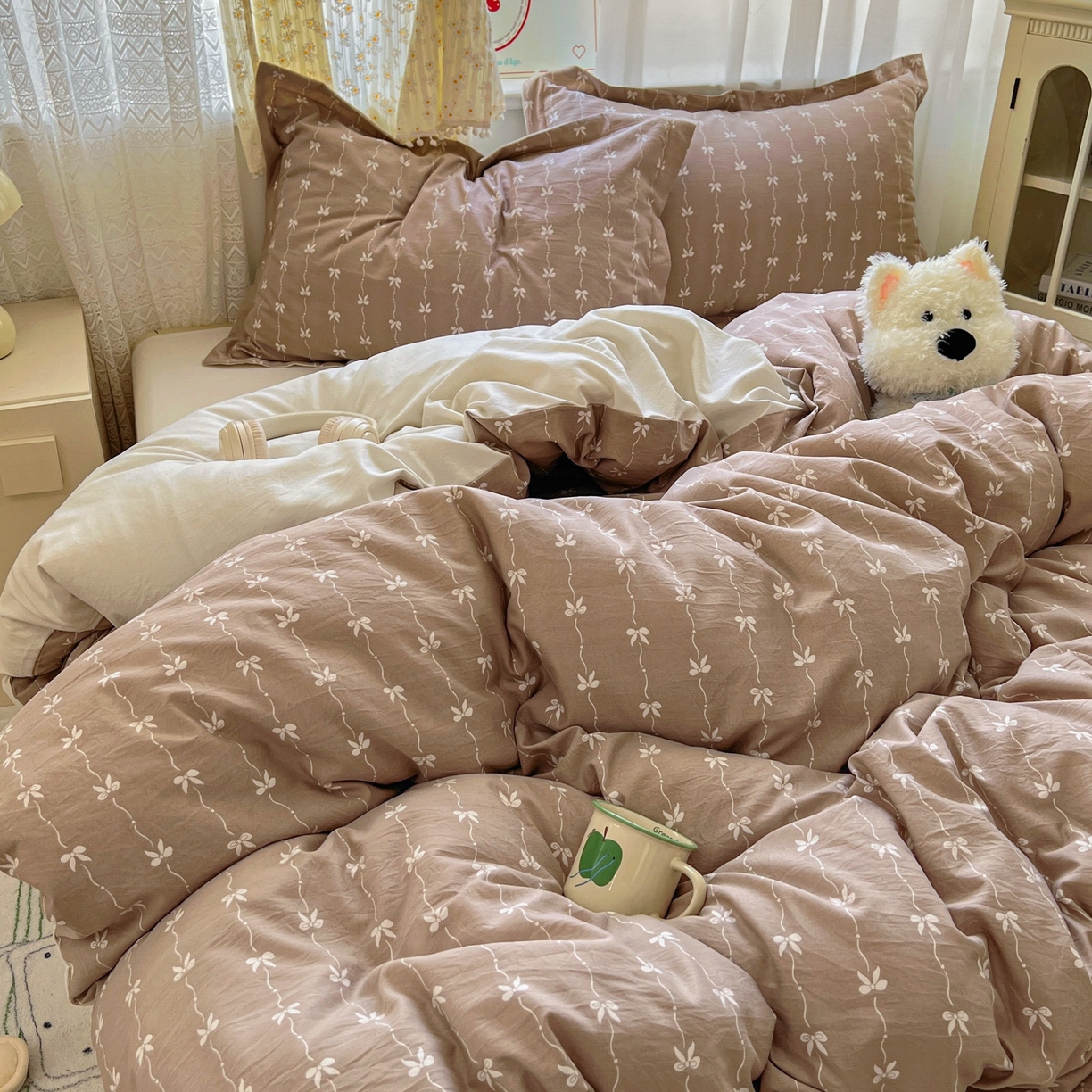 91家纺网 家纺一手货源 找家纺 亨通家纺 2025新款爆款韩国小布袋古法水洗棉云感棉四件套【提供买家秀】 情意结-咖