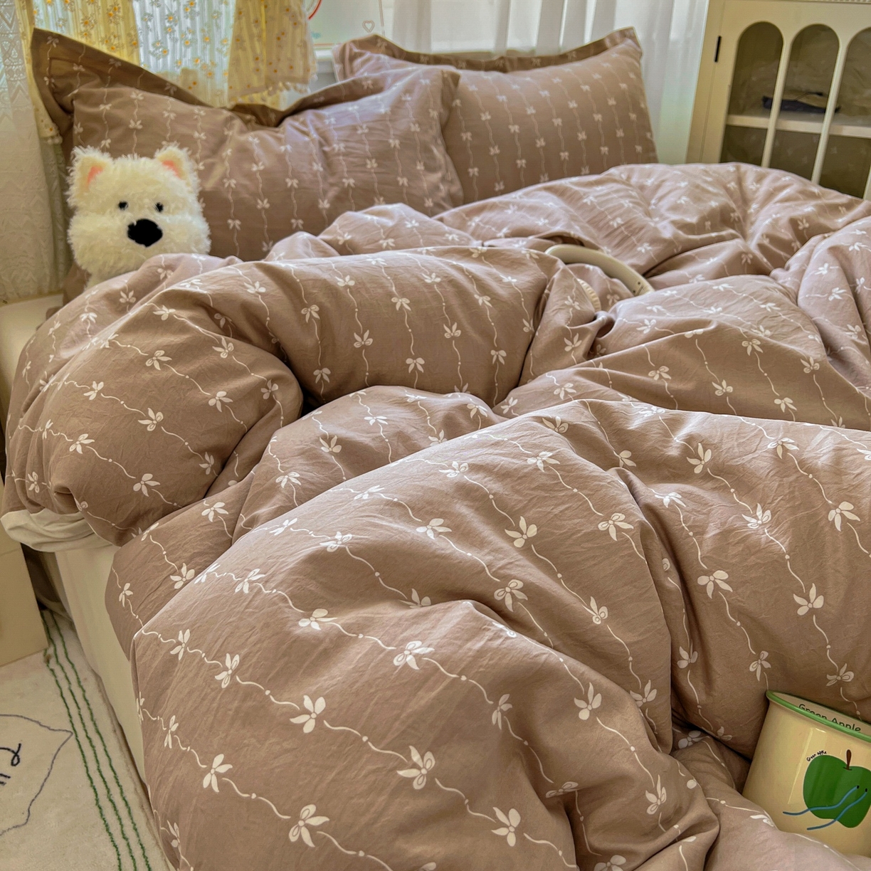 91家纺网 家纺一手货源 找家纺 亨通家纺 2025新款爆款韩国小布袋古法水洗棉云感棉四件套【提供买家秀】 情意结-咖