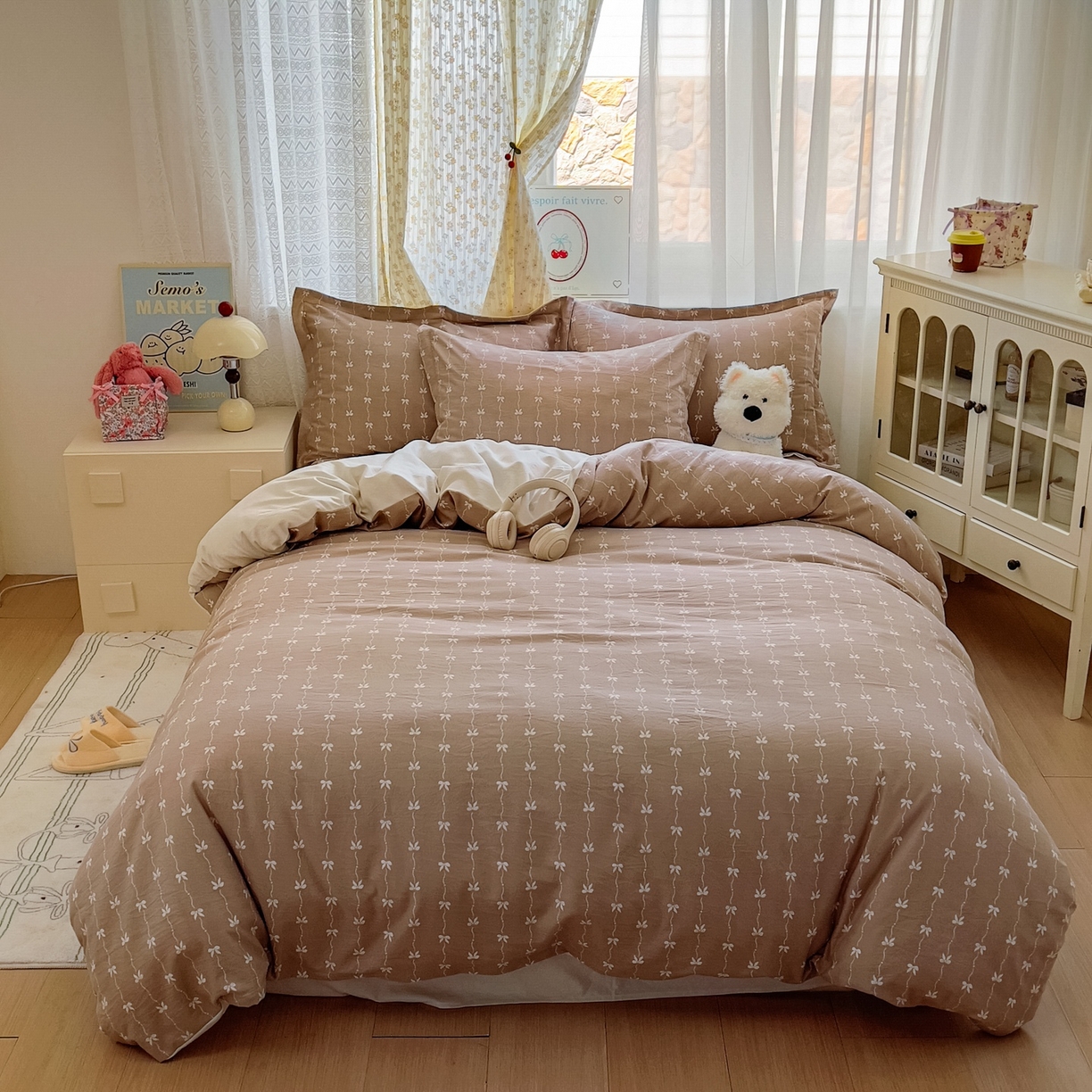 91家纺网 家纺一手货源 找家纺 亨通家纺 2025新款爆款韩国小布袋古法水洗棉云感棉四件套【提供买家秀】 情意结-咖