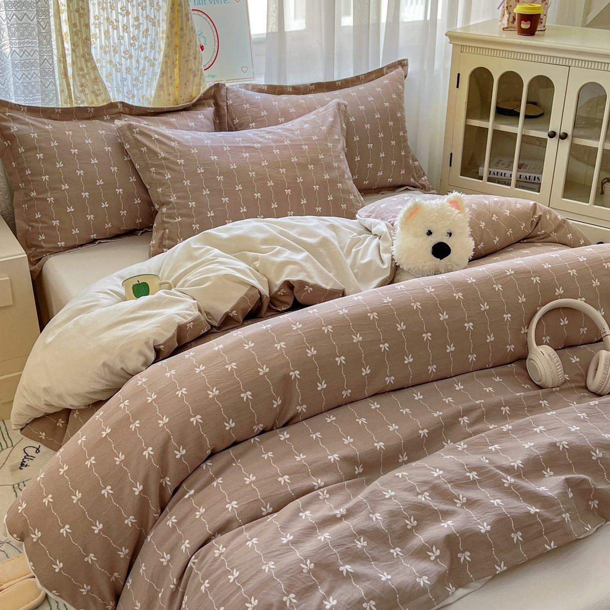 91家纺网 家纺一手货源 找家纺 亨通家纺 2025新款爆款韩国小布袋古法水洗棉云感棉四件套【提供买家秀】 情意结-咖