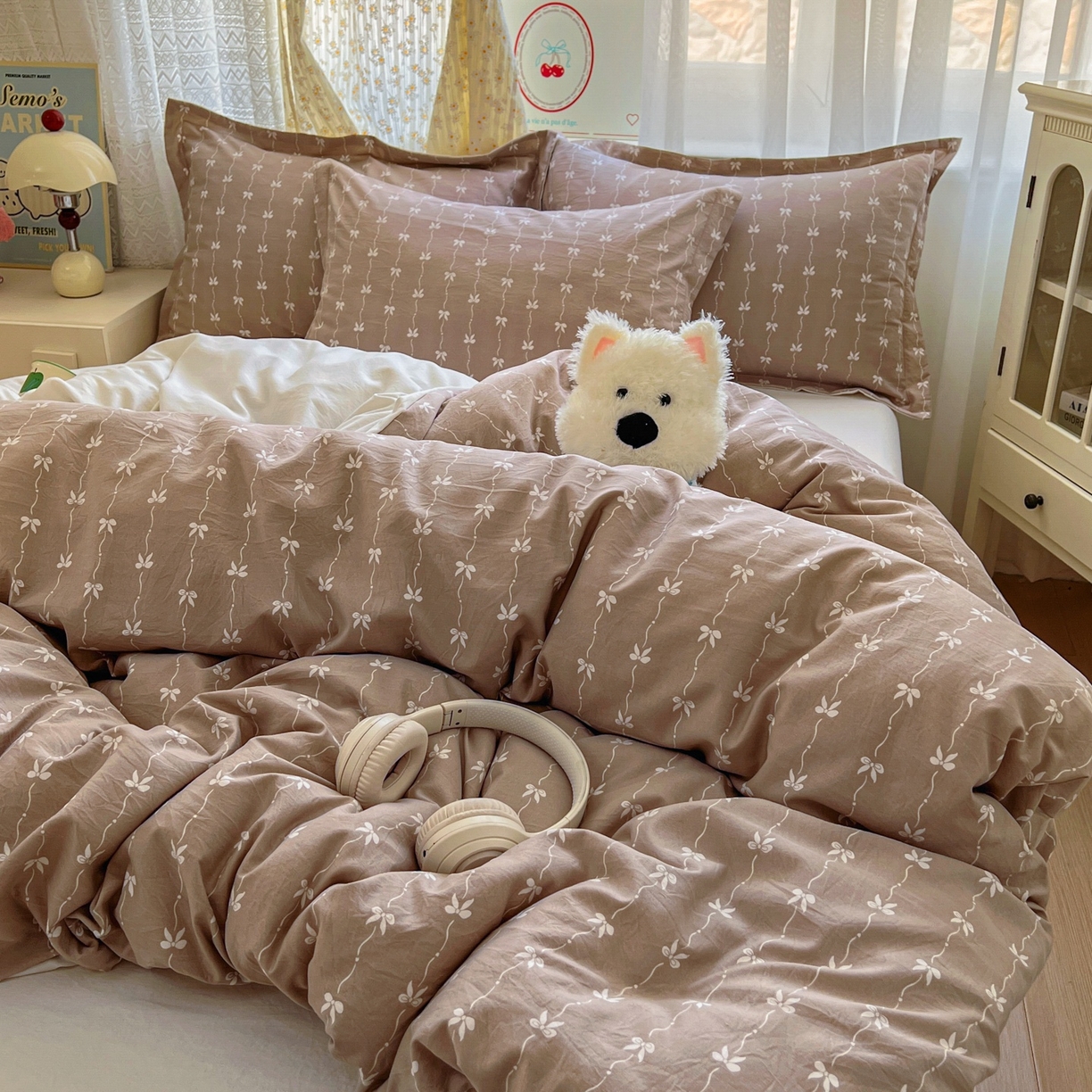 91家纺网 家纺一手货源 找家纺 亨通家纺 2025新款爆款韩国小布袋古法水洗棉云感棉四件套【提供买家秀】 情意结-咖