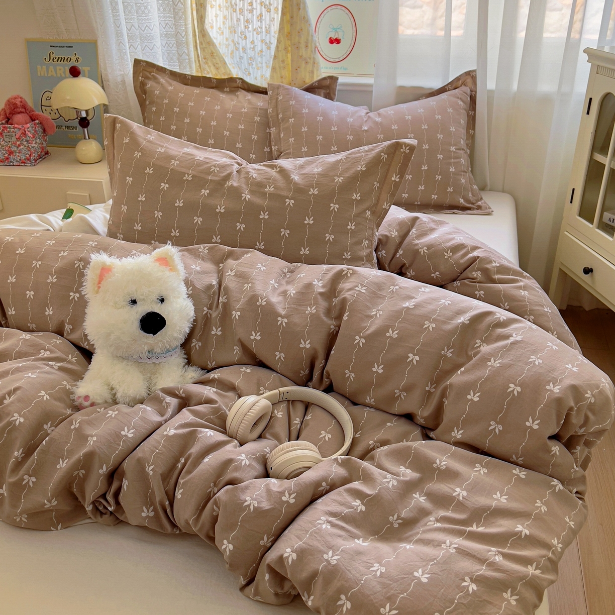 91家纺网 家纺一手货源 找家纺 亨通家纺 2025新款爆款韩国小布袋古法水洗棉云感棉四件套【提供买家秀】 情意结-咖