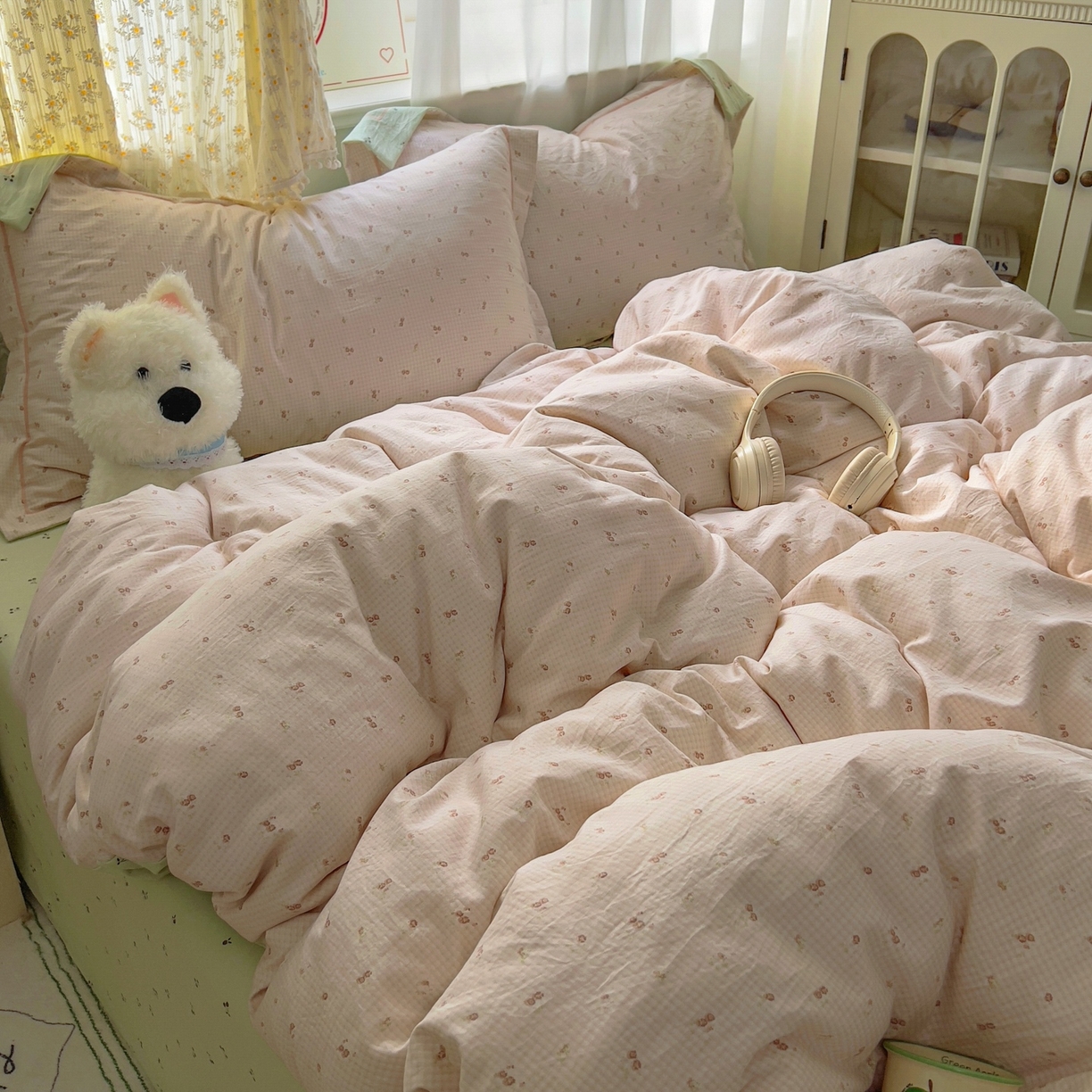 91家纺网 家纺一手货源 找家纺 亨通家纺 2025新款爆款韩国小布袋古法水洗棉云感棉四件套【提供买家秀】 丝丝心动-咖